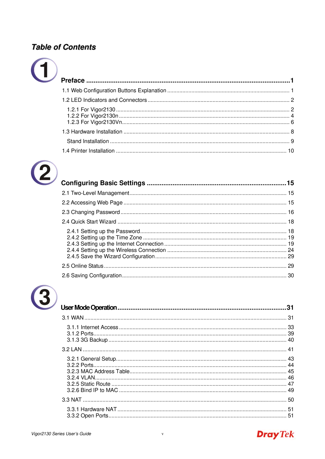 Draytek 2130 manual Table of Contents 