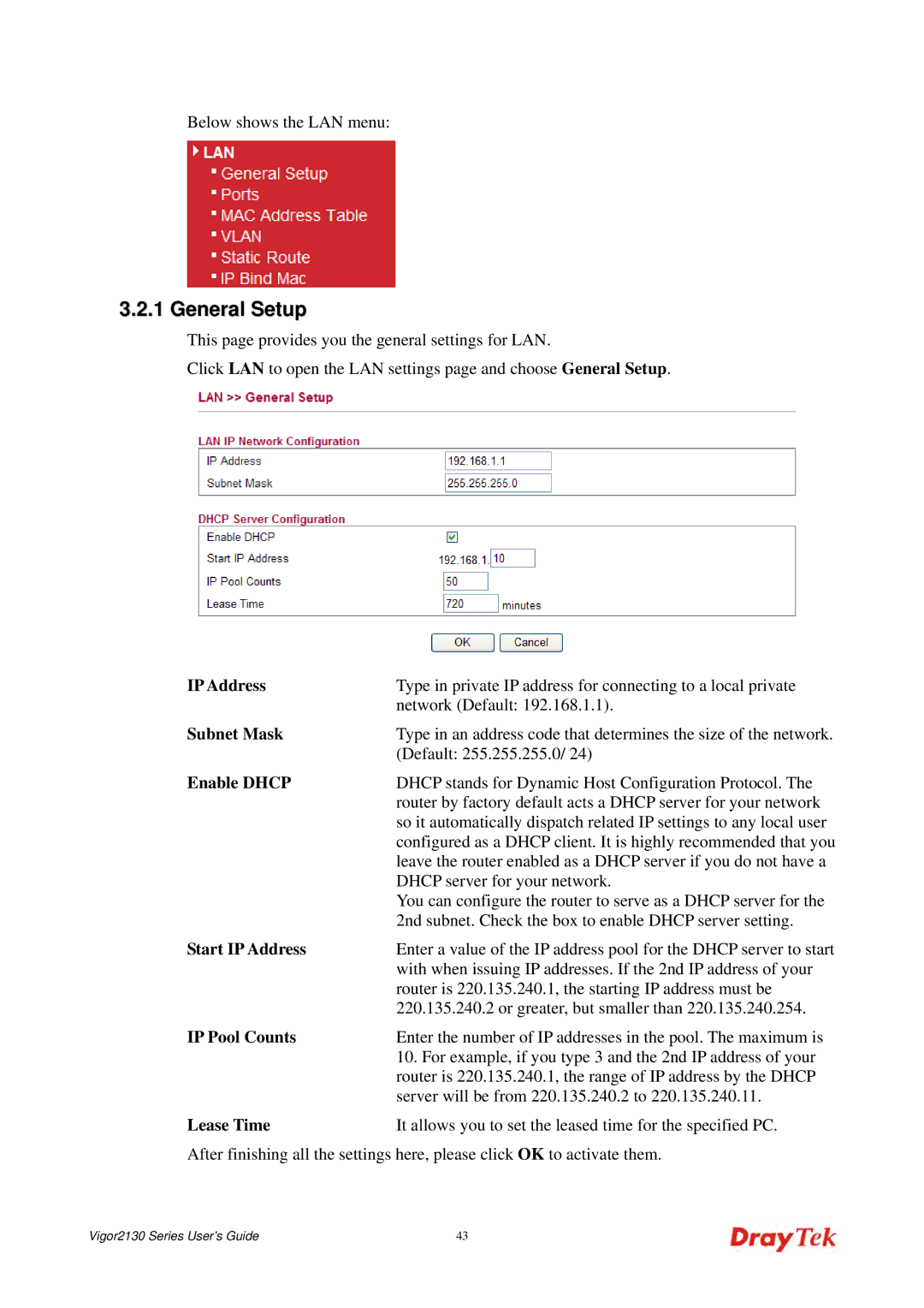 Draytek 2130 manual General Setup, Enable Dhcp, Start IP Address, IP Pool Counts, Lease Time 