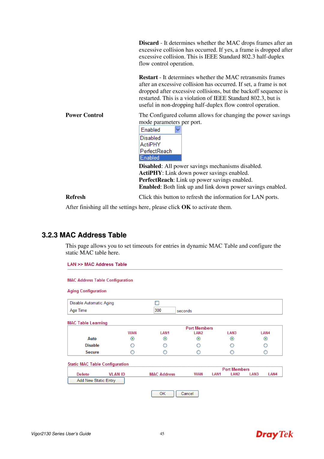 Draytek 2130 manual MAC Address Table, Power Control 