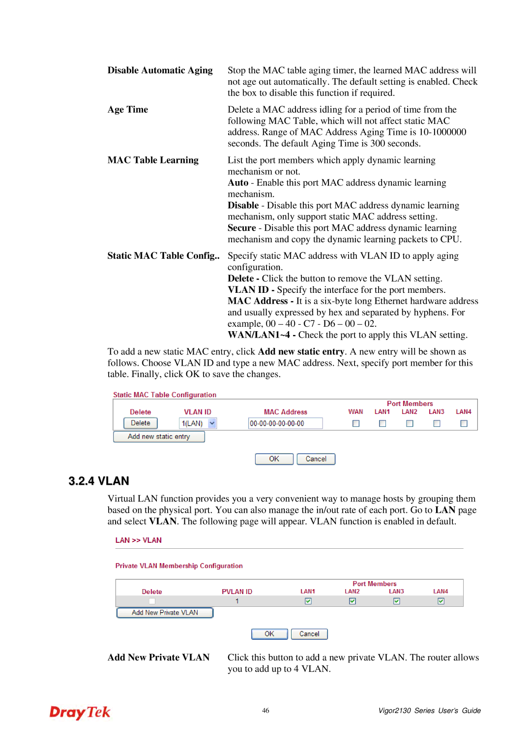 Draytek 2130 manual Vlan, Disable Automatic Aging, Age Time, MAC Table Learning, Static MAC Table Config 