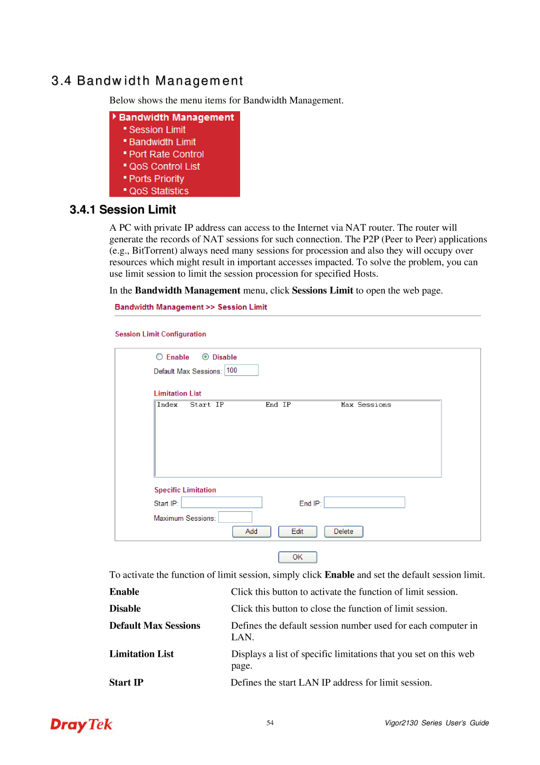 Draytek 2130 manual Bandwidth Management, Session Limit, Default Max Sessions, Limitation List, Start IP 