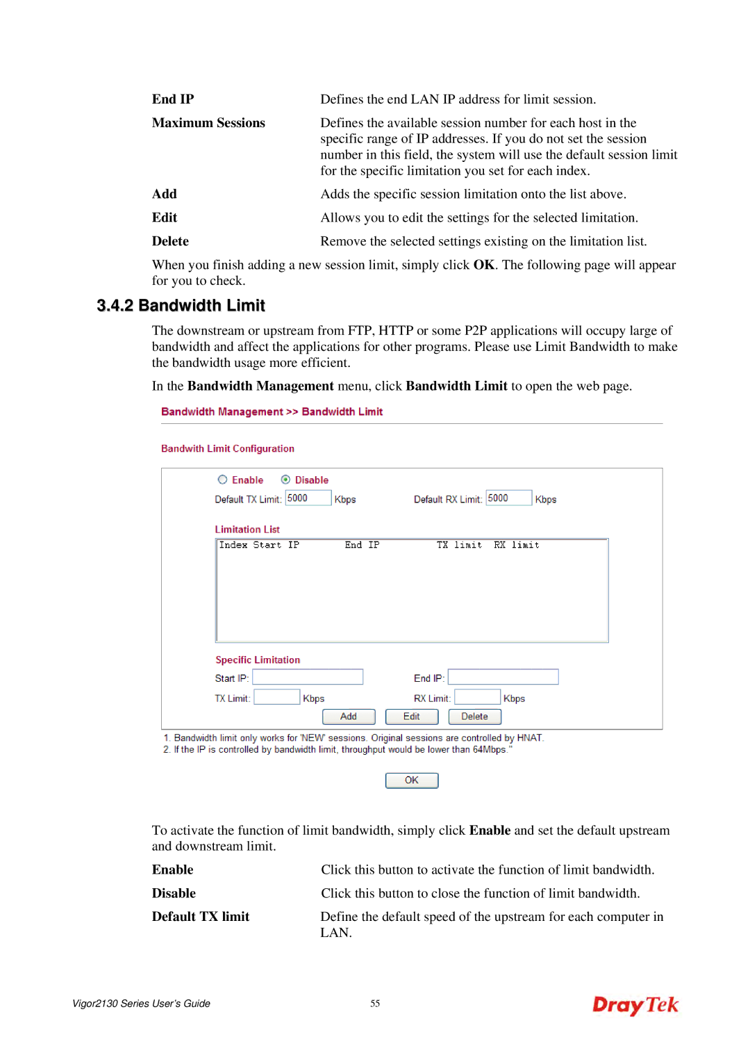 Draytek 2130 manual Bandwidth Limit, End IP, Maximum Sessions, Delete 