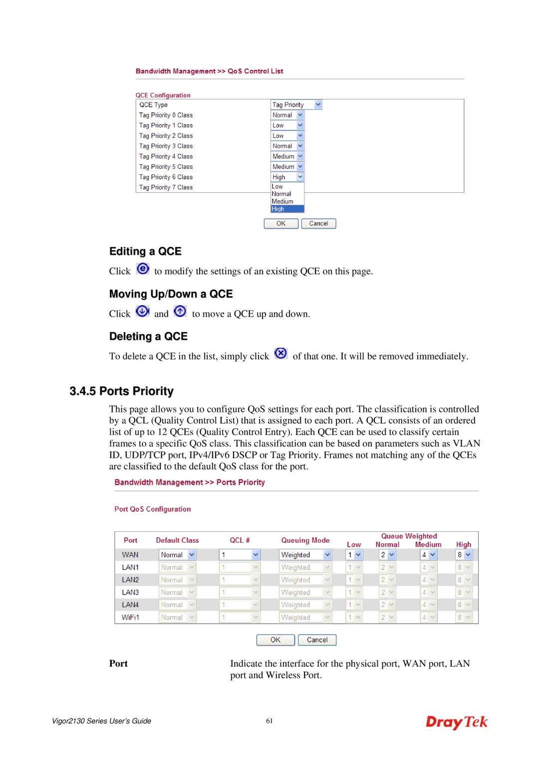 Draytek 2130 manual Ports Priority, Editing a QCE, Moving Up/Down a QCE, Deleting a QCE 