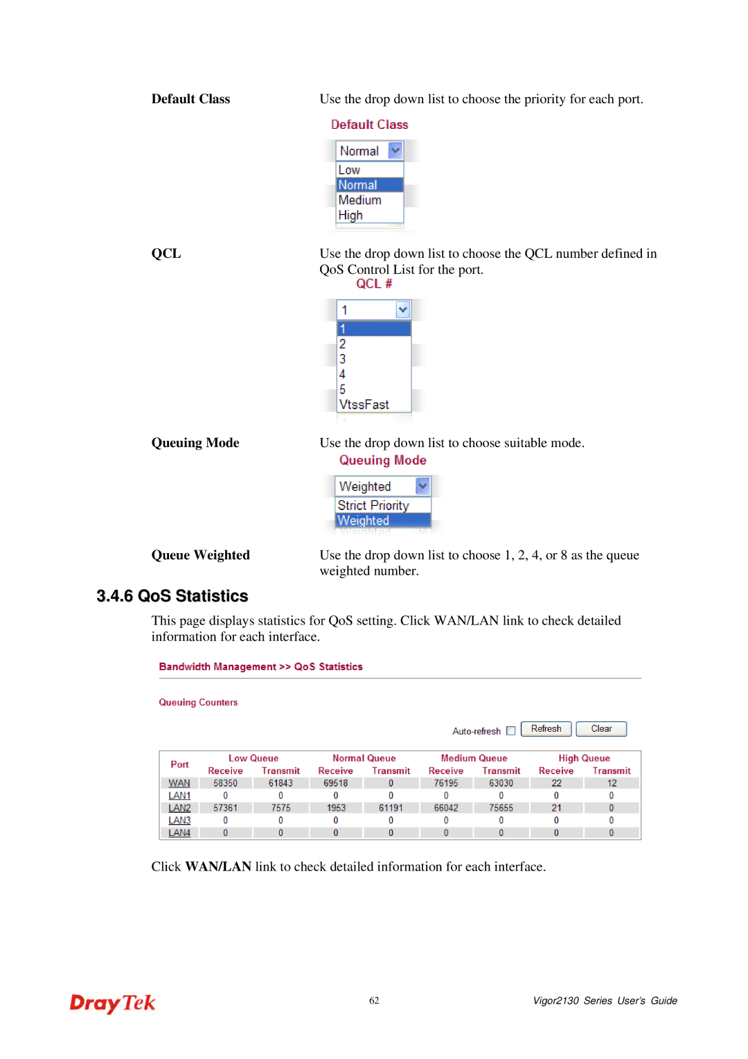 Draytek 2130 manual QoS Statistics, Qcl 