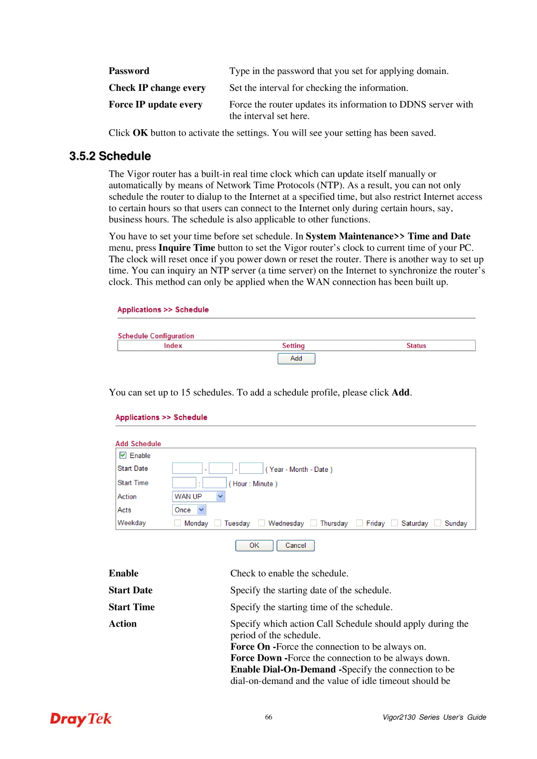 Draytek 2130 manual Schedule, Interval set here, Start Date, Start Time, Action 