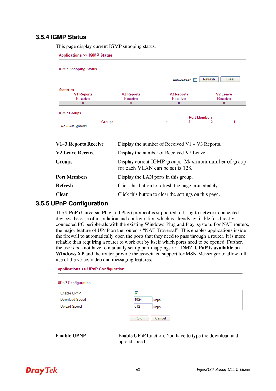 Draytek 2130 manual Igmp Status, UPnP Configuration 