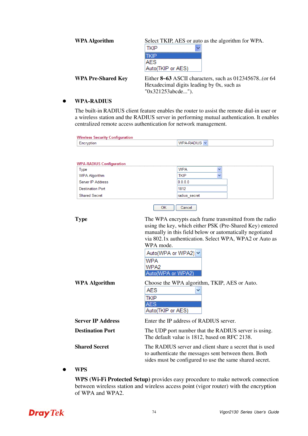 Draytek 2130 manual Hexadecimal digits leading by 0x, such as, 0x321253abcde, Wpa-Radius, Server IP Address, Wps 