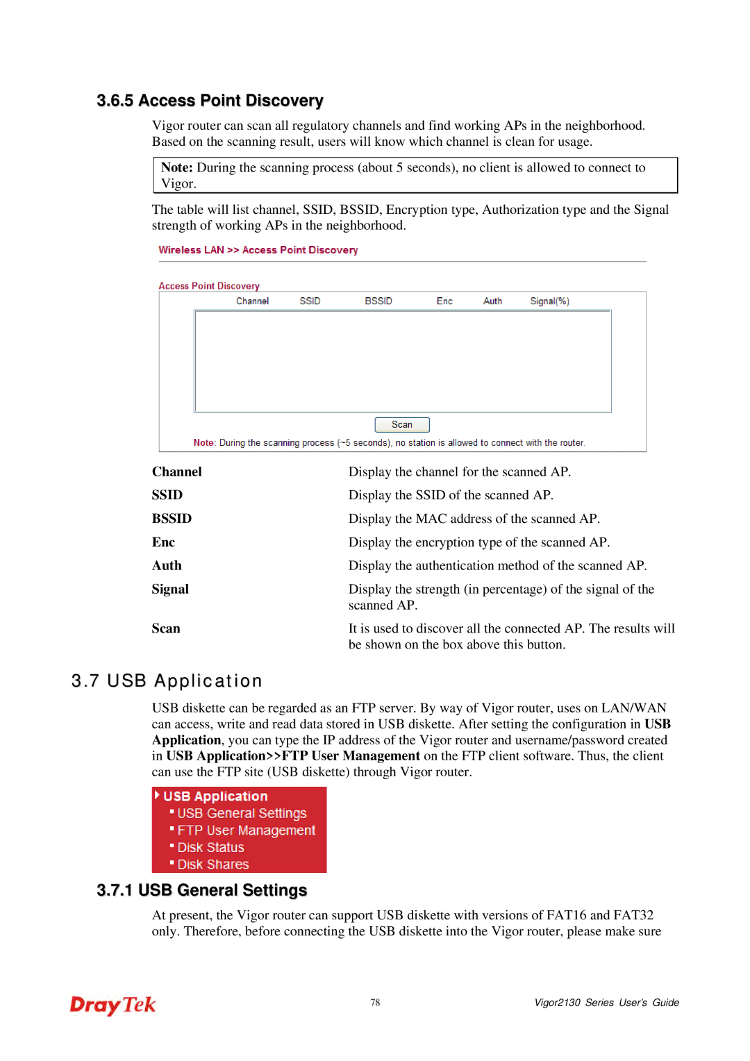 Draytek 2130 manual USB Application, Access Point Discovery, USB General Settings 