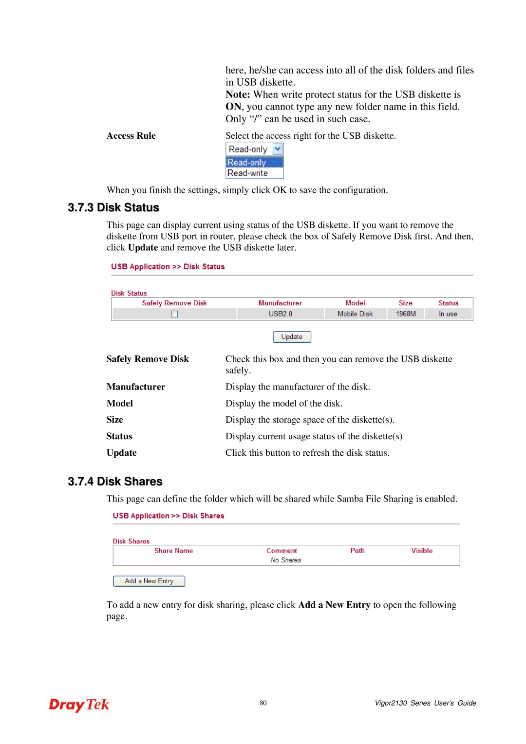 Draytek 2130 manual Disk Status, Disk Shares, Access Rule, Safely Remove Disk 