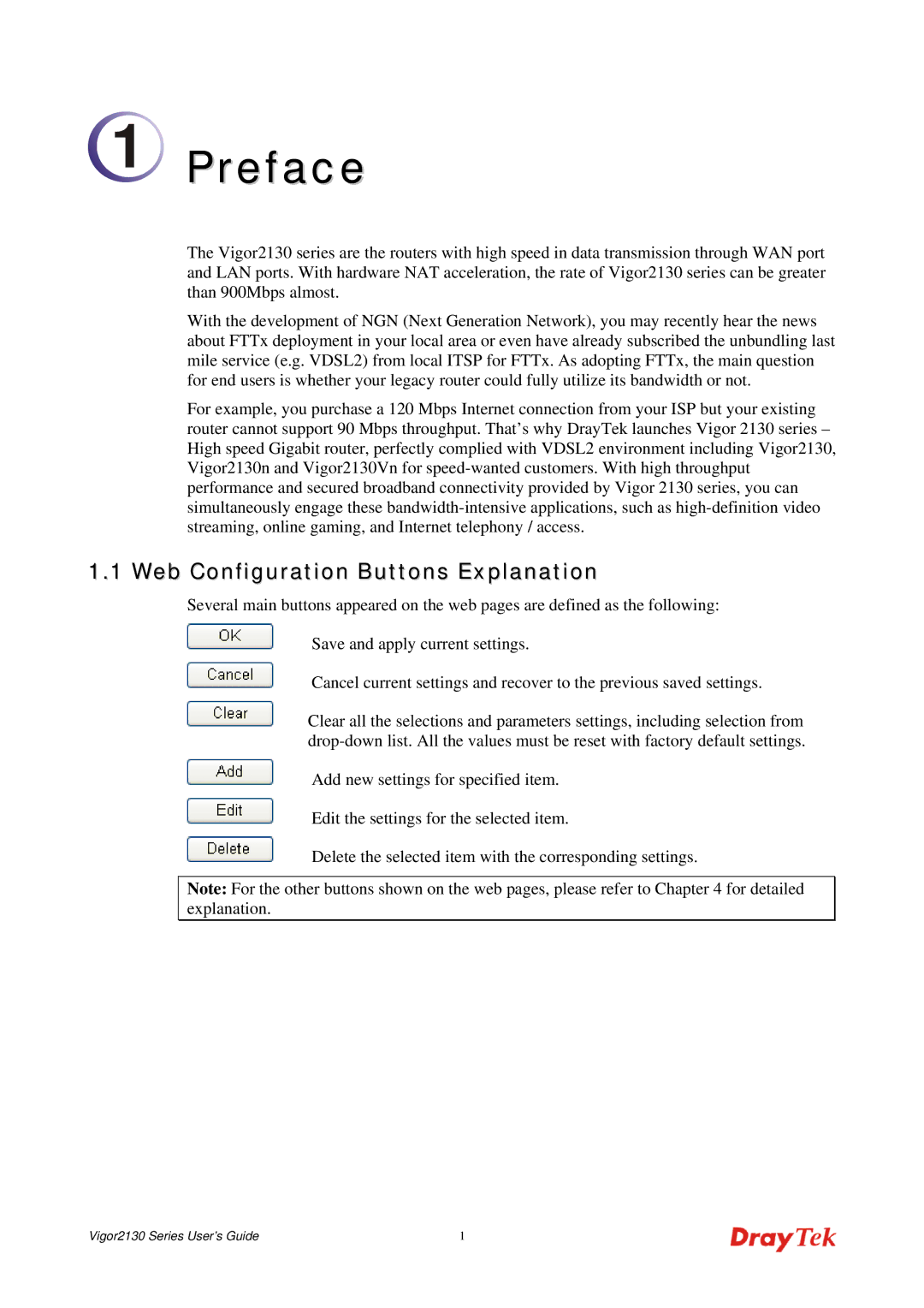 Draytek 2130 manual Preface, Web Configuration Buttons Explanation 