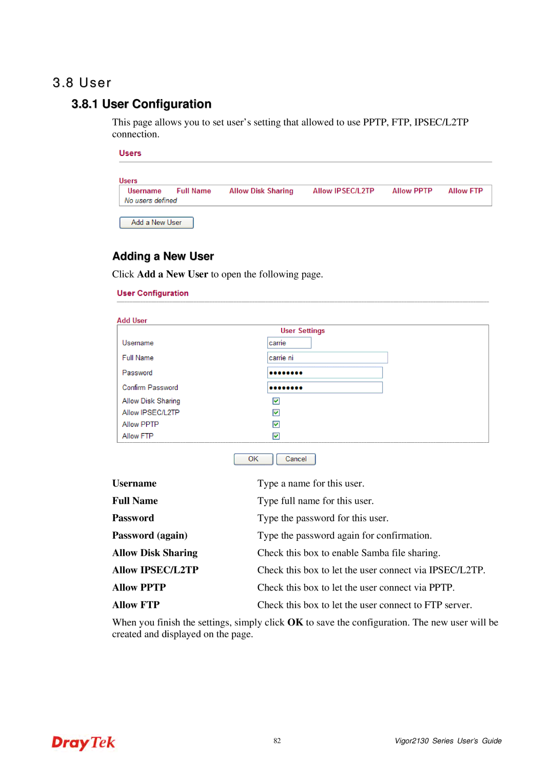 Draytek 2130 manual User Configuration, Adding a New User 