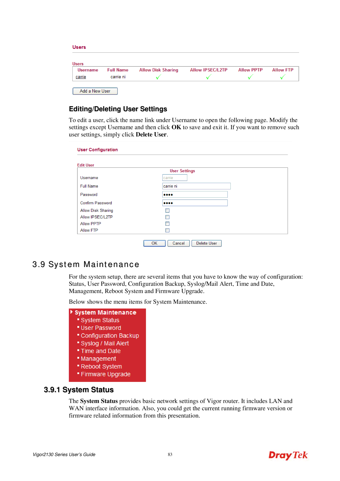 Draytek 2130 manual System Maintenance, System Status, Editing/Deleting User Settings 