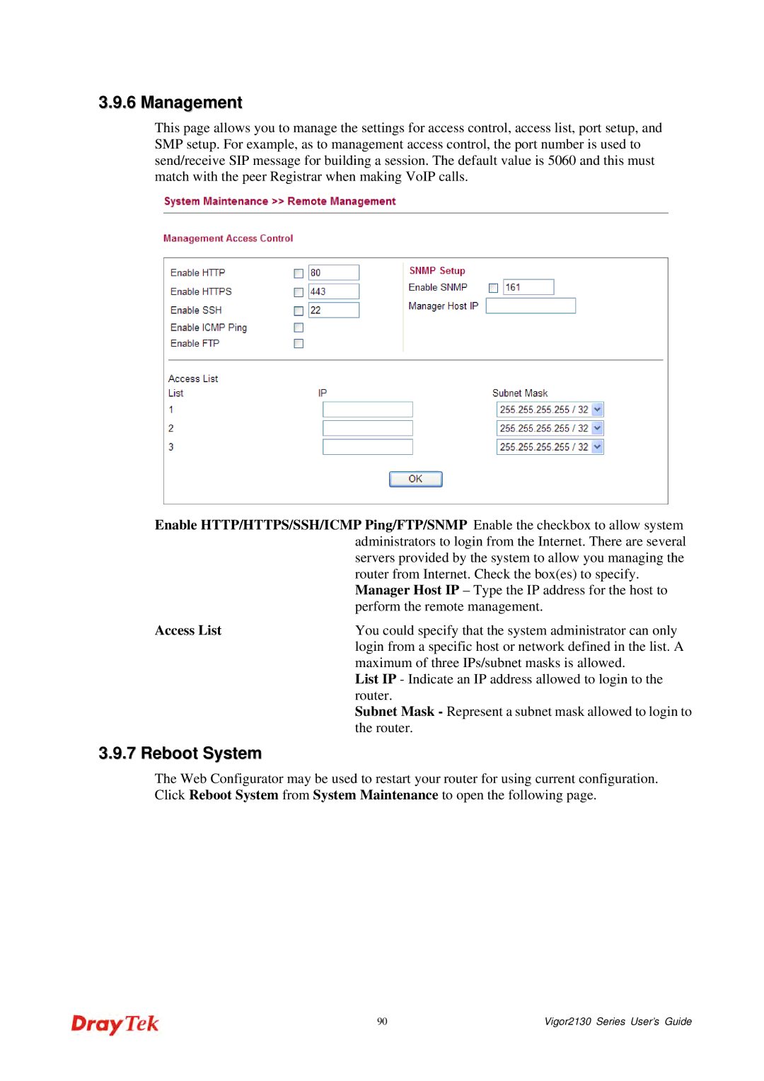 Draytek 2130 manual Management, Reboot System, Access List 