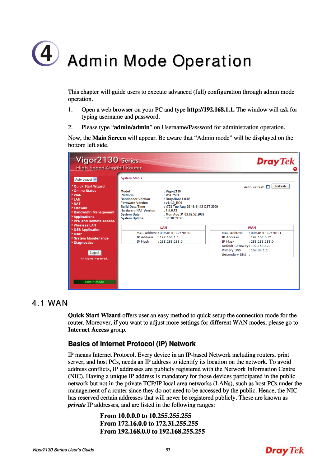 Draytek 2130 manual Admin Mode Operation, 4.1 WAN, Basics of Internet Protocol IP Network 