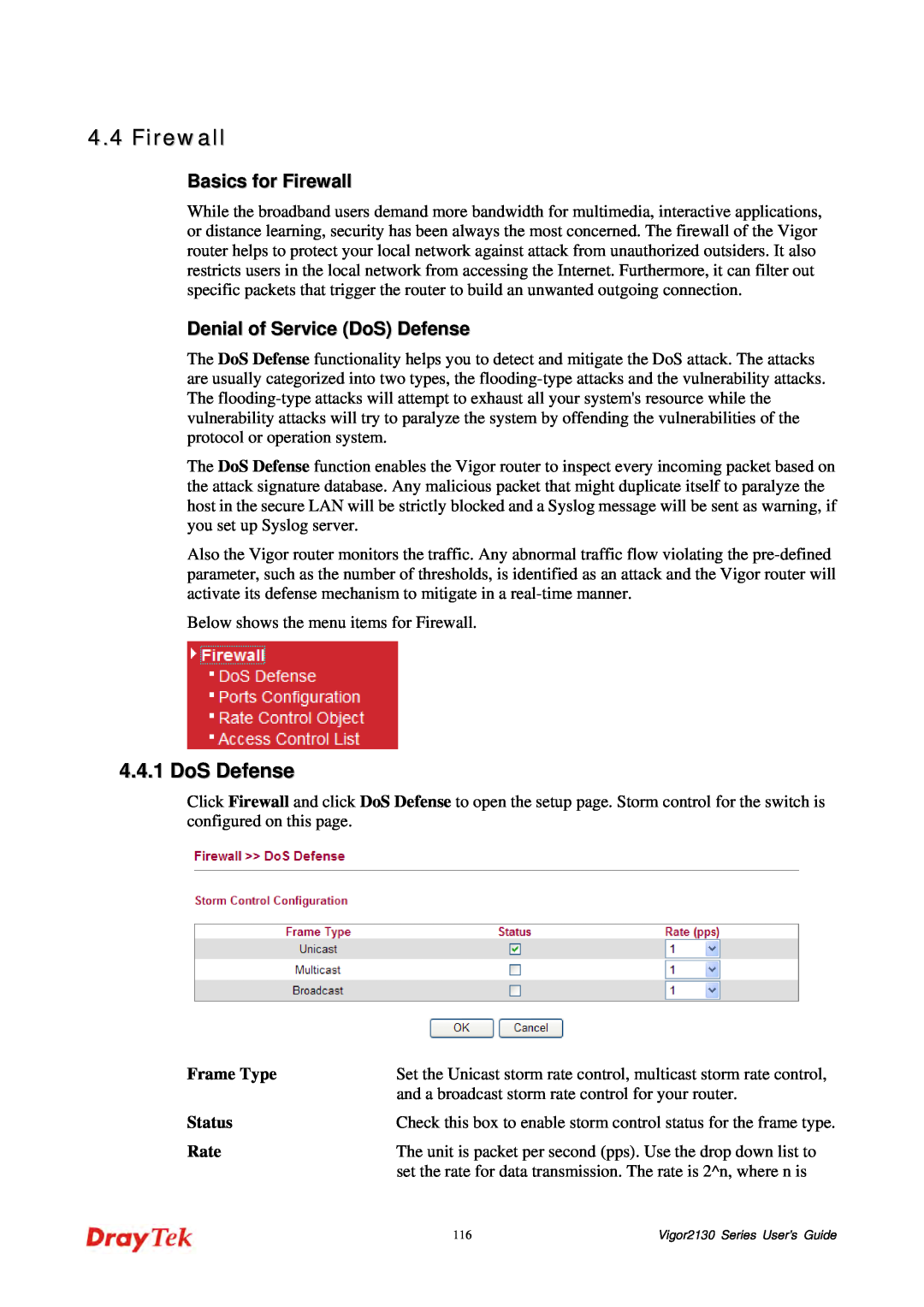 Draytek 2130 manual Basics for Firewall, Denial of Service DoS Defense 