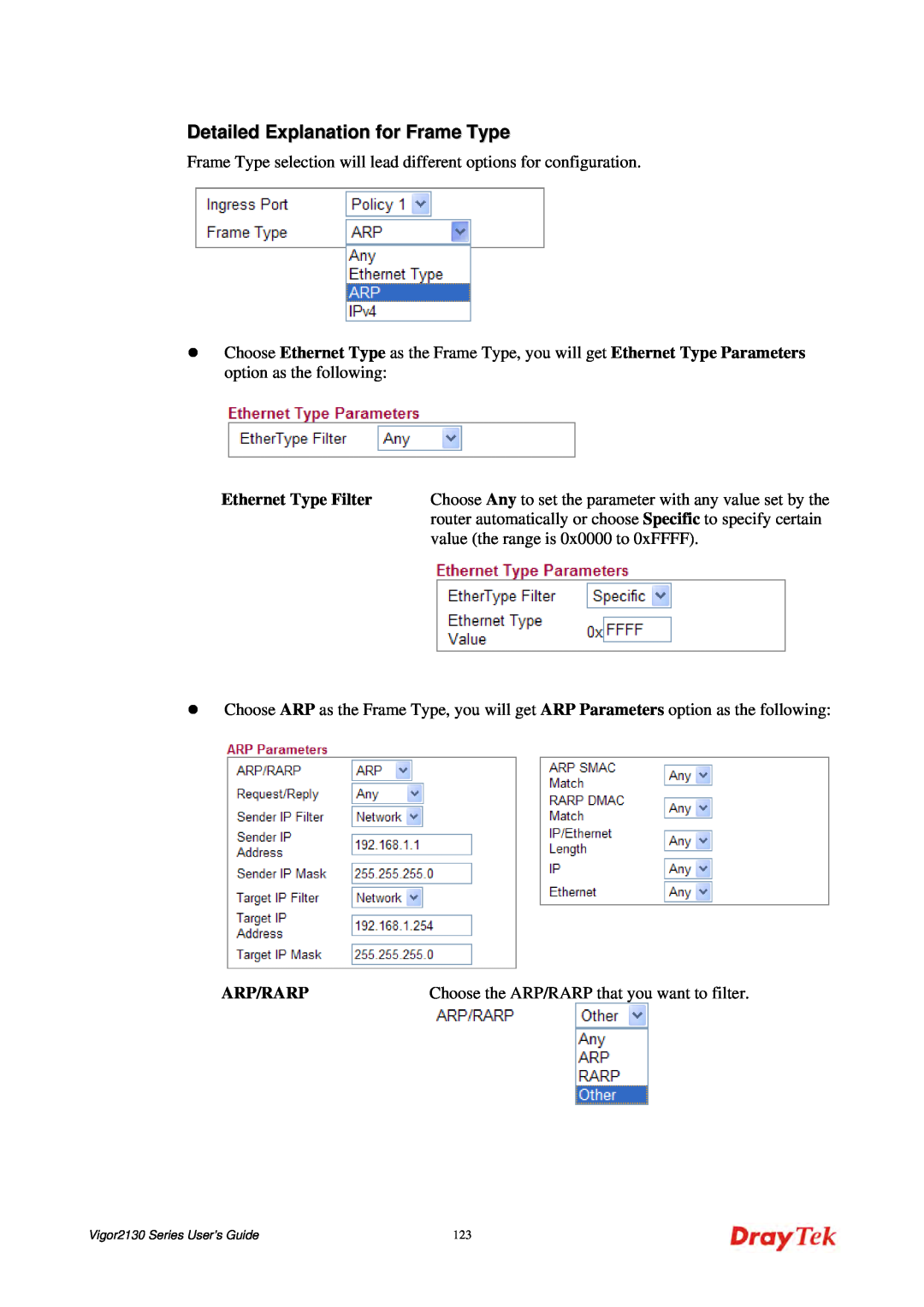Draytek 2130 manual Detailed Explanation for Frame Type, Ethernet Type Filter, Arp/Rarp 