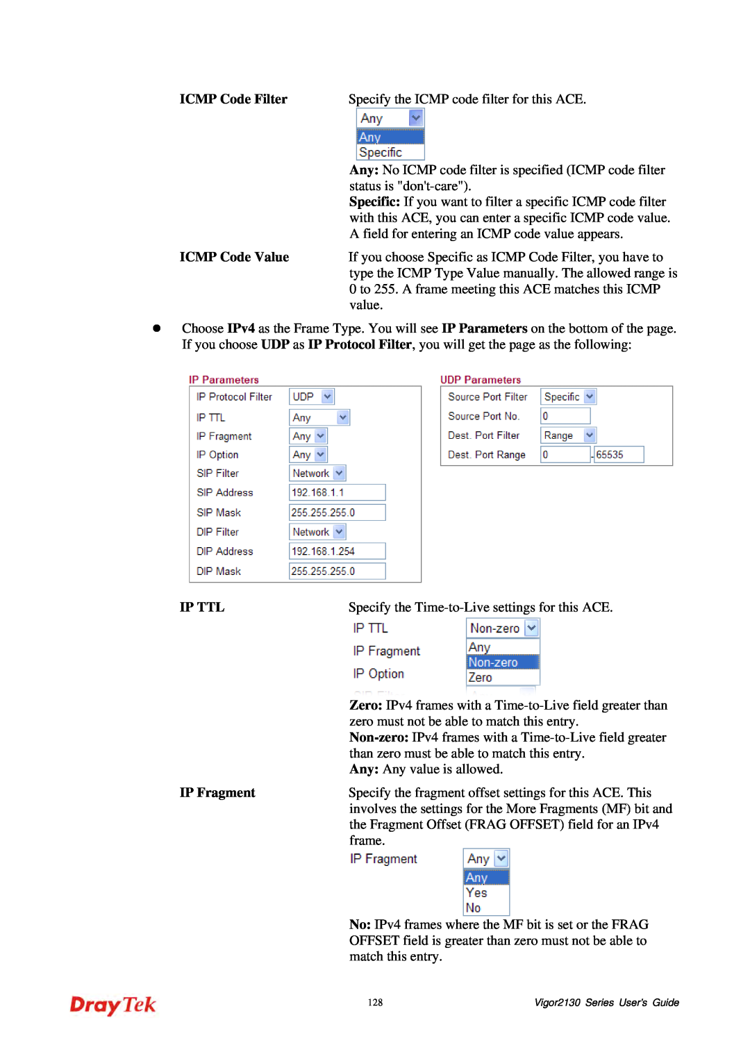 Draytek 2130 manual ICMP Code Filter, ICMP Code Value, Ip Ttl, IP Fragment, Specify the ICMP code filter for this ACE 