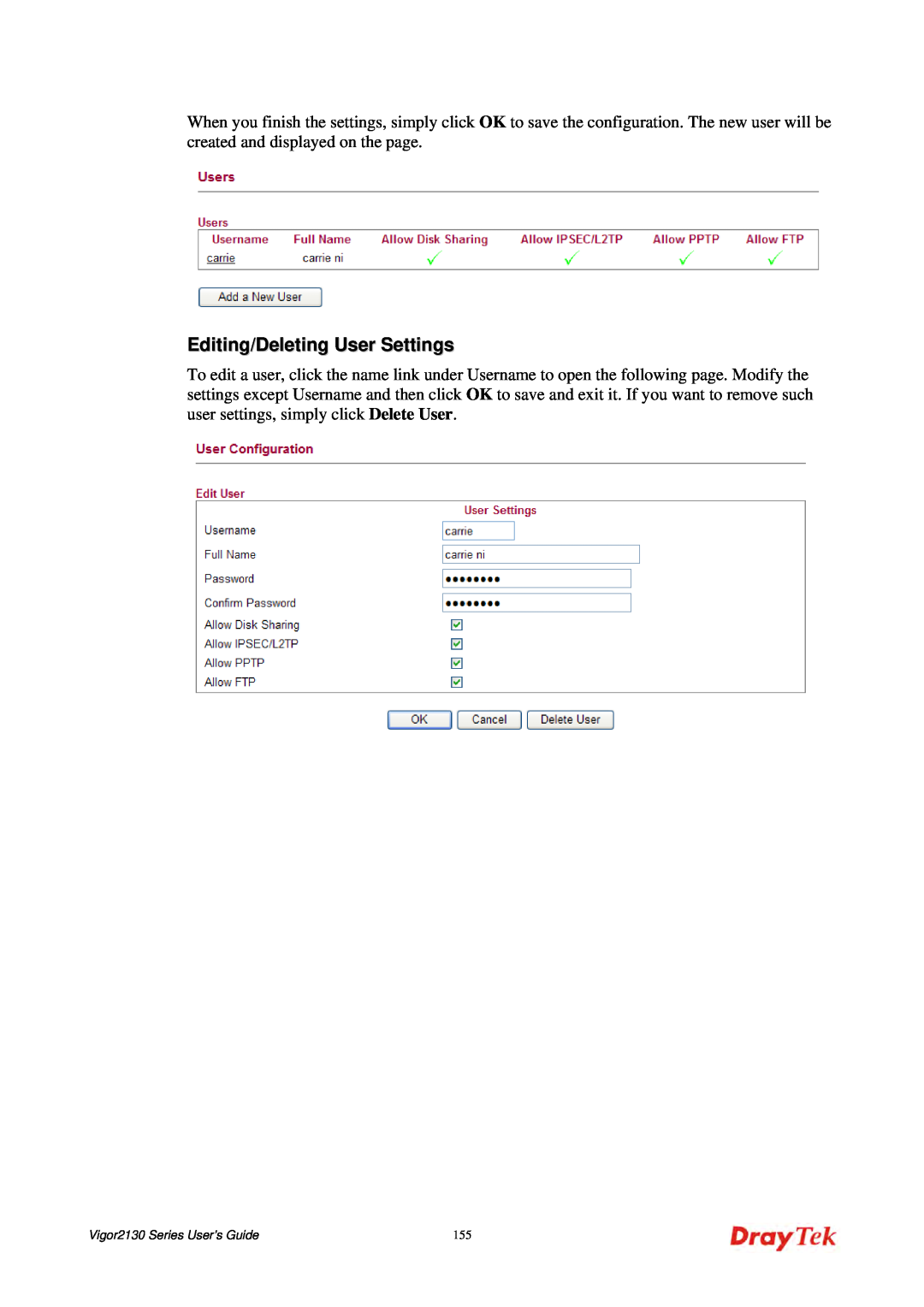 Draytek manual Editing/Deleting User Settings, Vigor2130 Series User’s Guide 