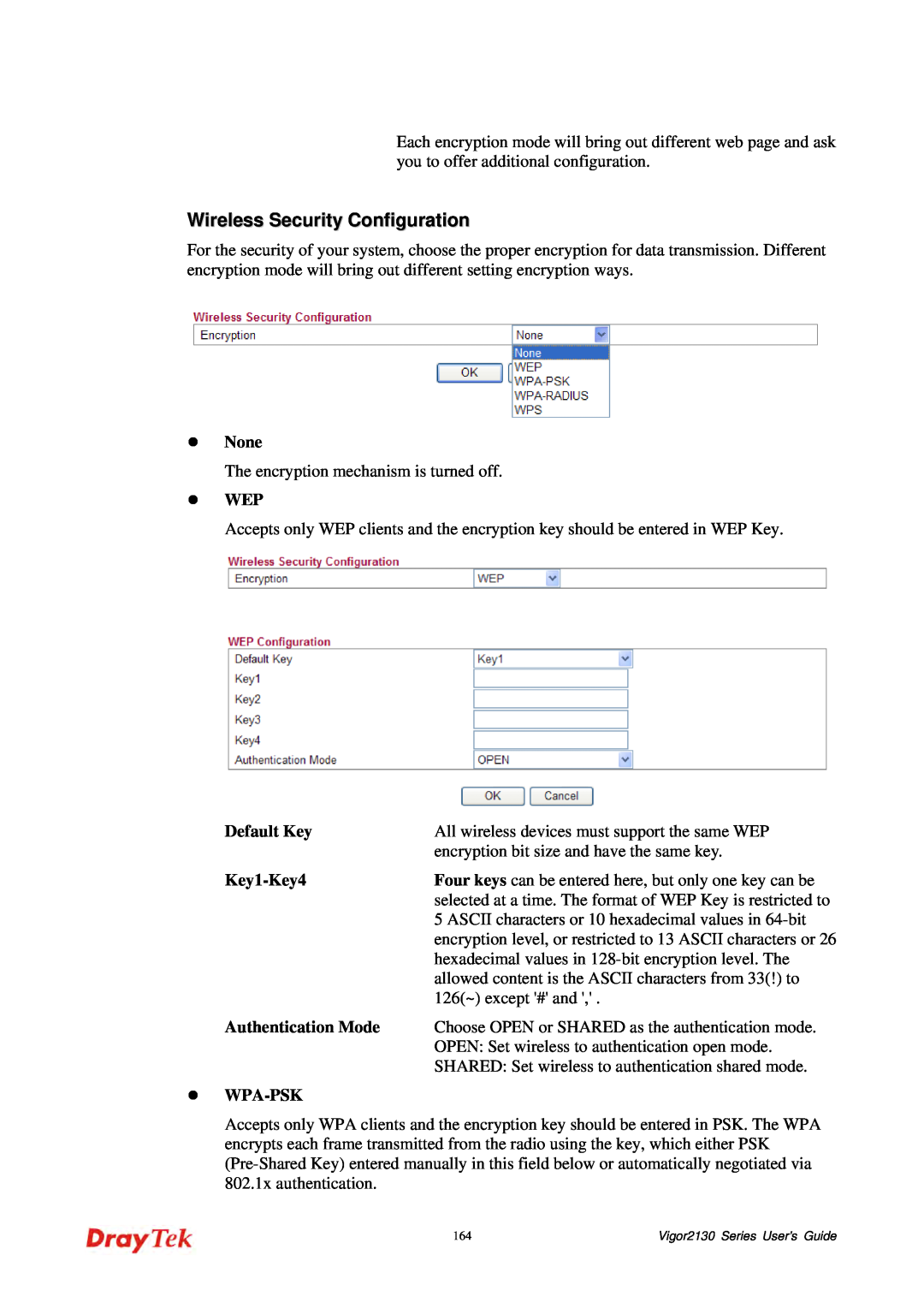 Draytek 2130 manual Wireless Security Configuration, z None, z WEP, Default Key, Key1-Key4, Authentication Mode, z WPA-PSK 
