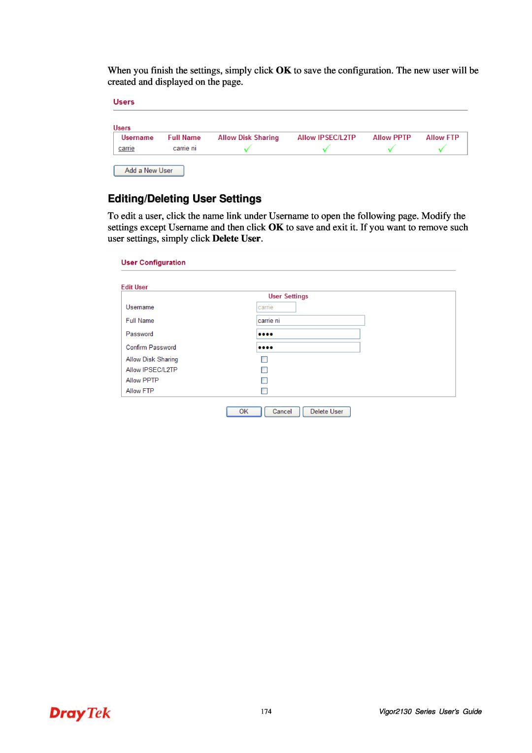 Draytek manual Editing/Deleting User Settings, Vigor2130 Series User’s Guide 