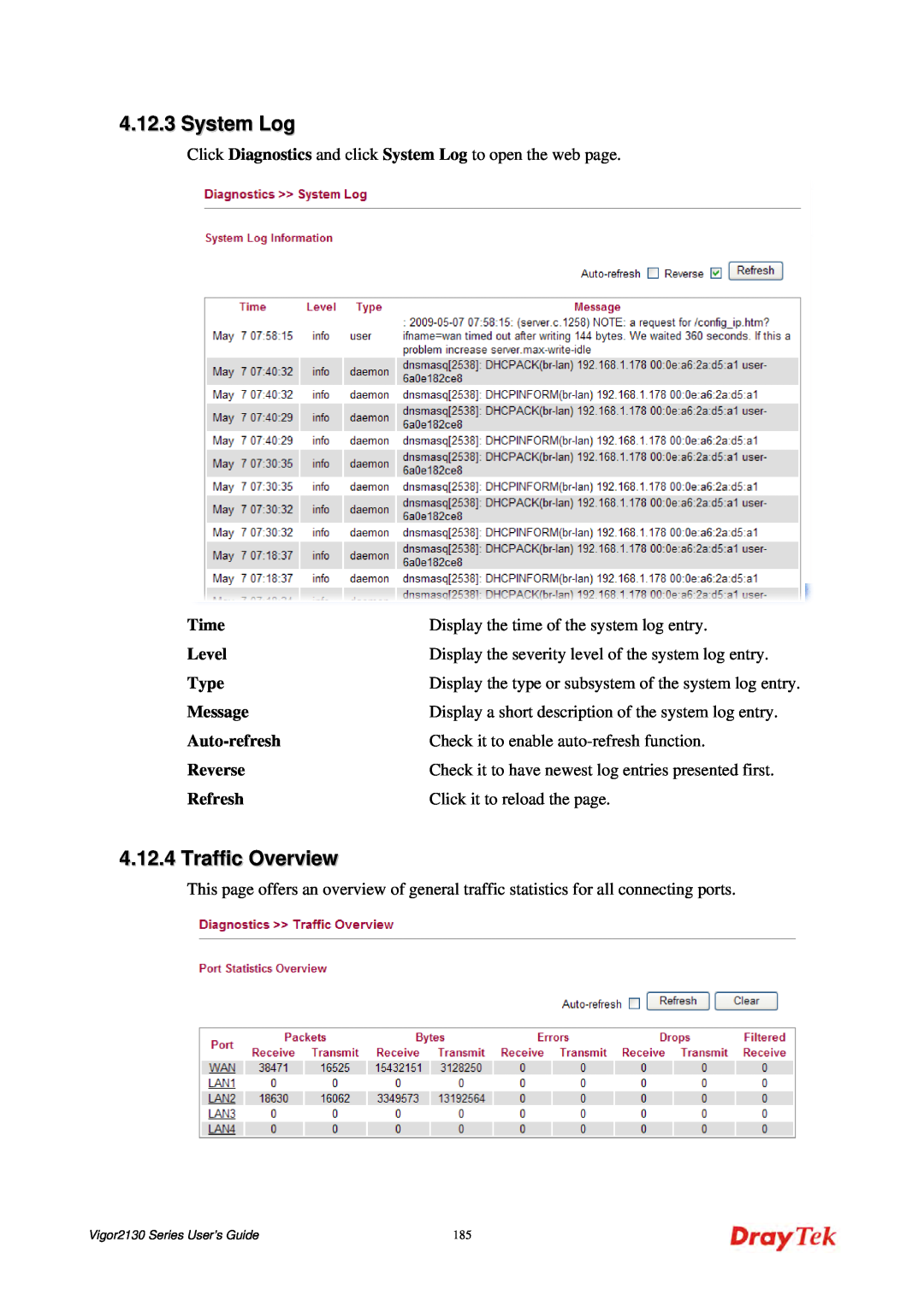 Draytek 2130 manual System Log, Traffic Overview, Time, Level, Type, Message, Auto-refresh, Reverse, Refresh 