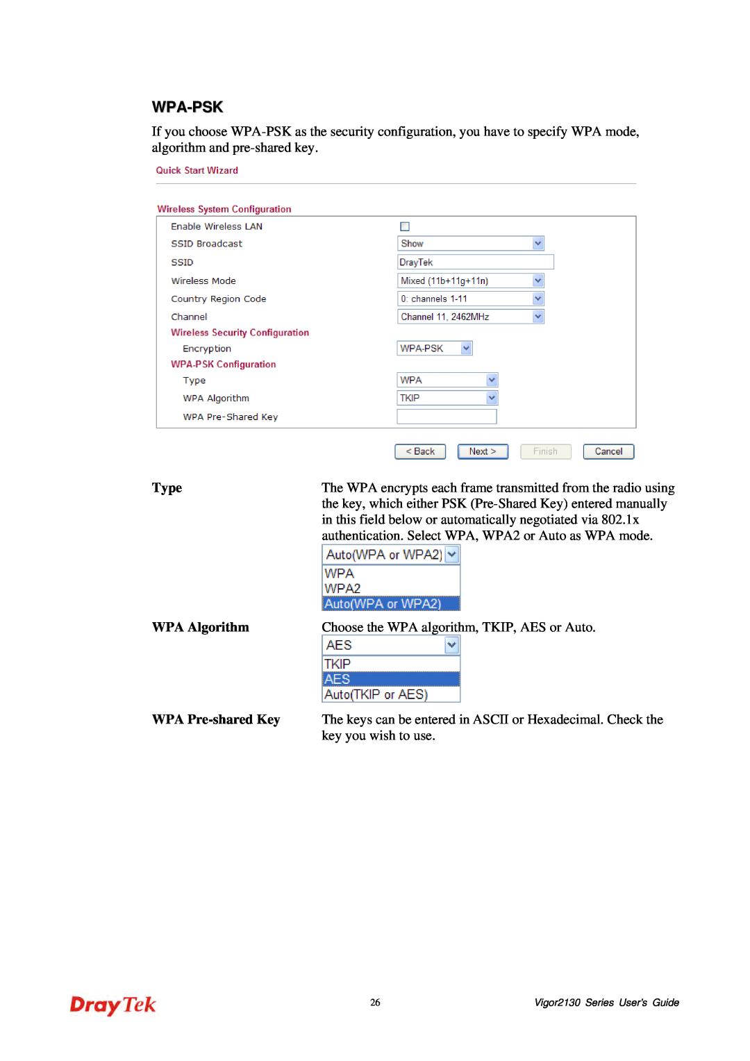 Draytek 2130 manual Wpa-Psk, Type, WPA Algorithm, WPA Pre-shared Key, key you wish to use 
