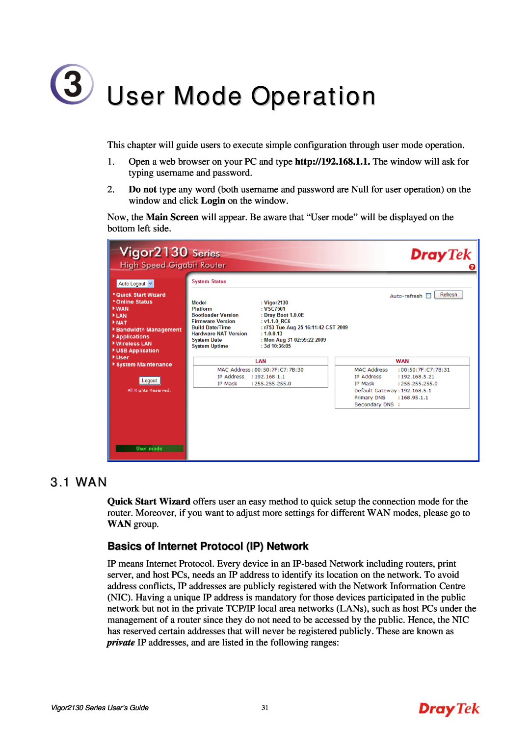 Draytek 2130 manual User Mode Operation, 3.1 WAN, Basics of Internet Protocol IP Network 