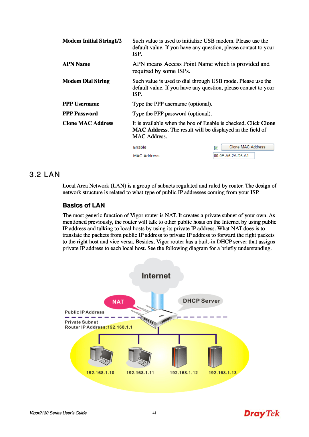 Draytek 2130 manual 3.2 LAN, Basics of LAN, APN means Access Point Name which is provided and, required by some ISPs 