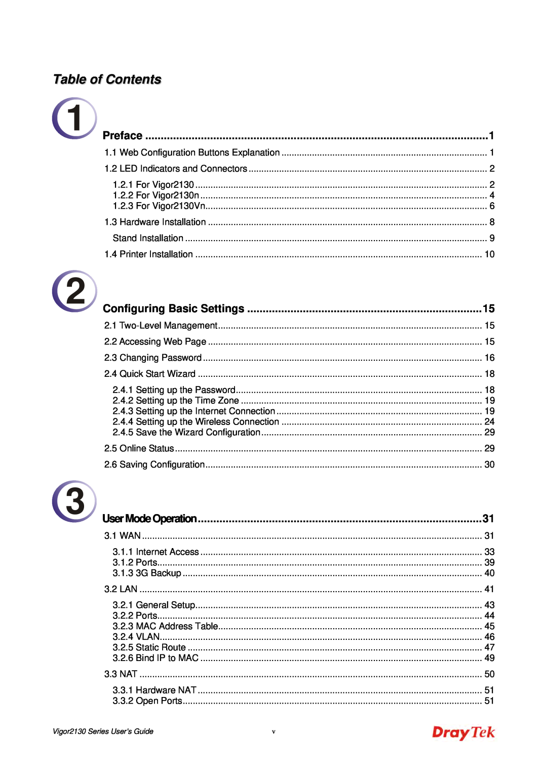 Draytek 2130 manual Table of Contents 