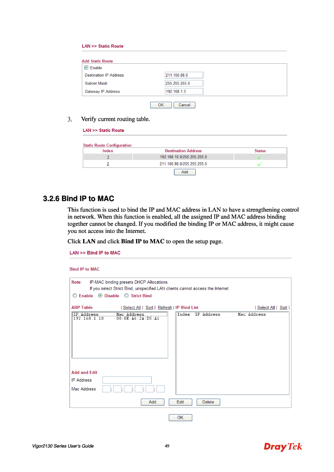 Draytek 2130 manual Bind IP to MAC 