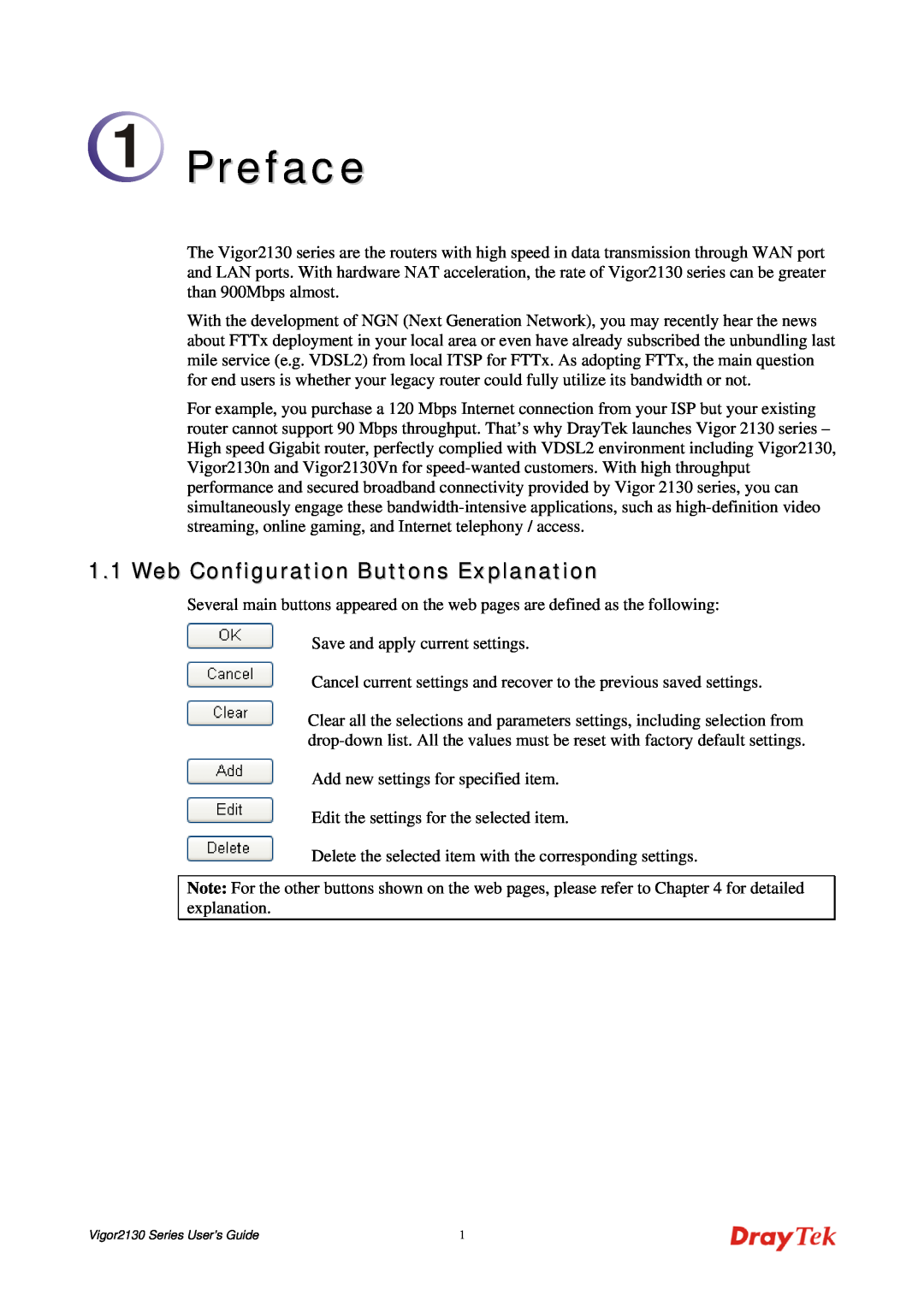 Draytek 2130 manual Preface, Web Configuration Buttons Explanation 