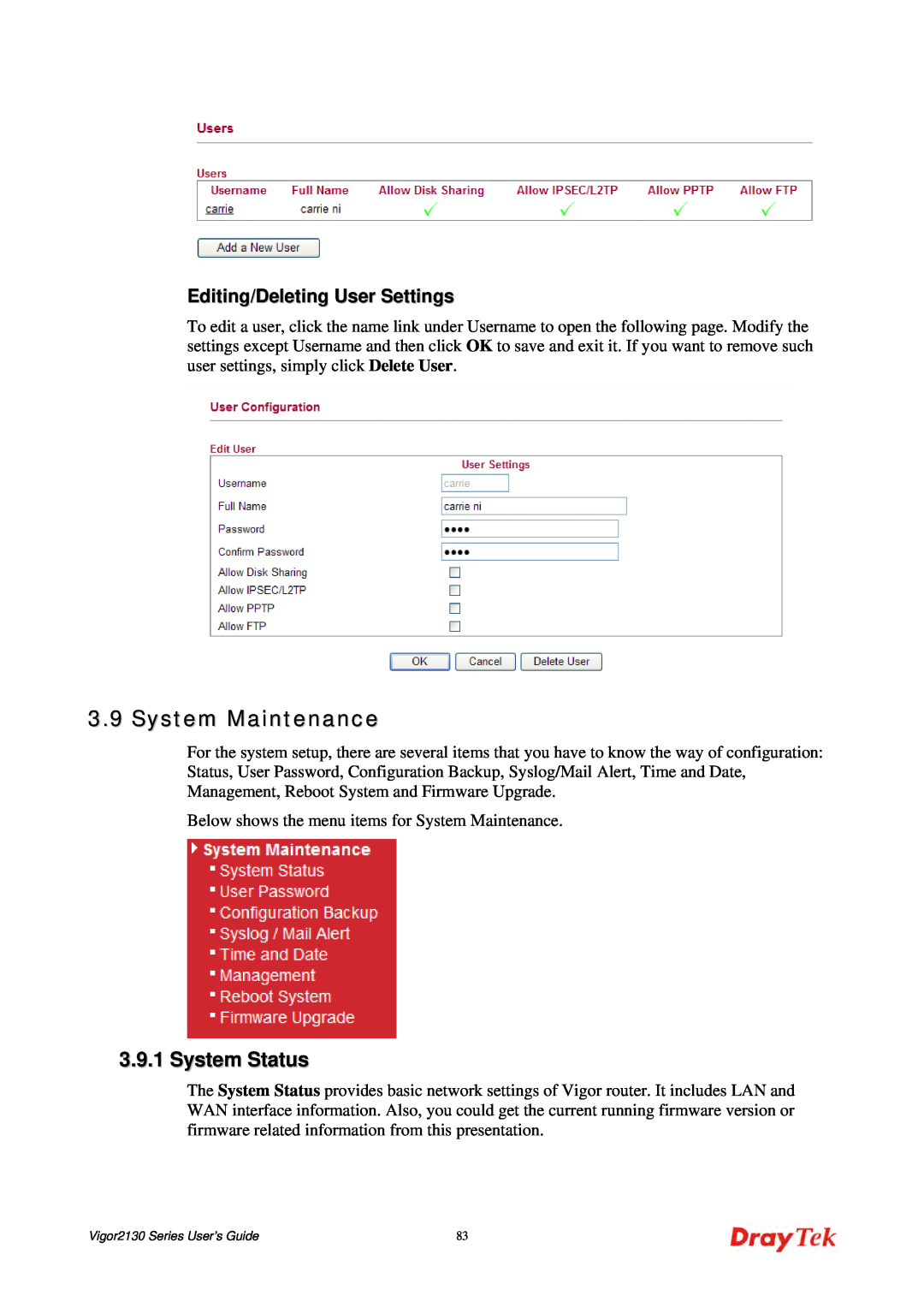 Draytek 2130 manual System Maintenance, System Status, Editing/Deleting User Settings 