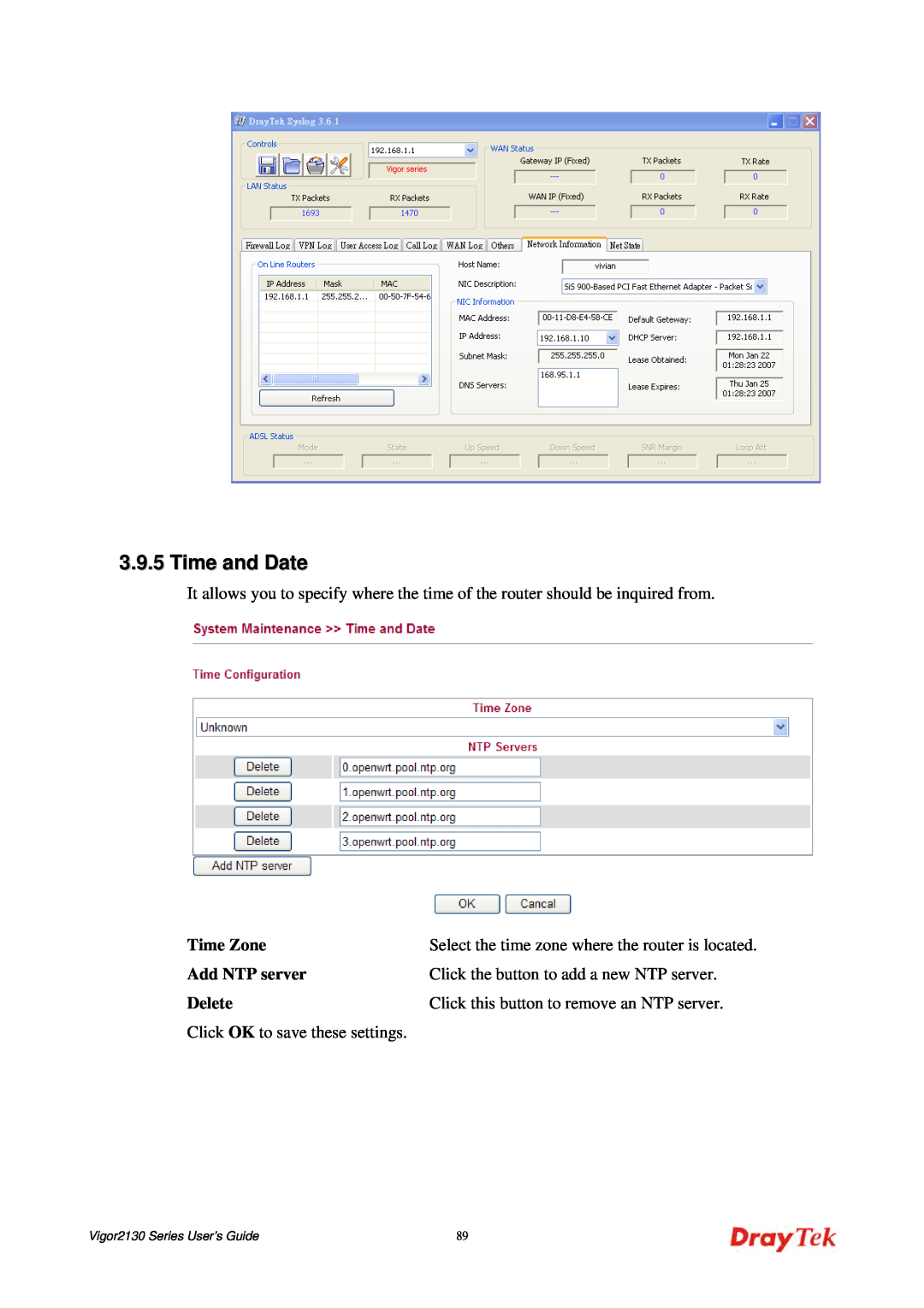 Draytek manual Time and Date, Select the time zone where the router is located, Vigor2130 Series User’s Guide 