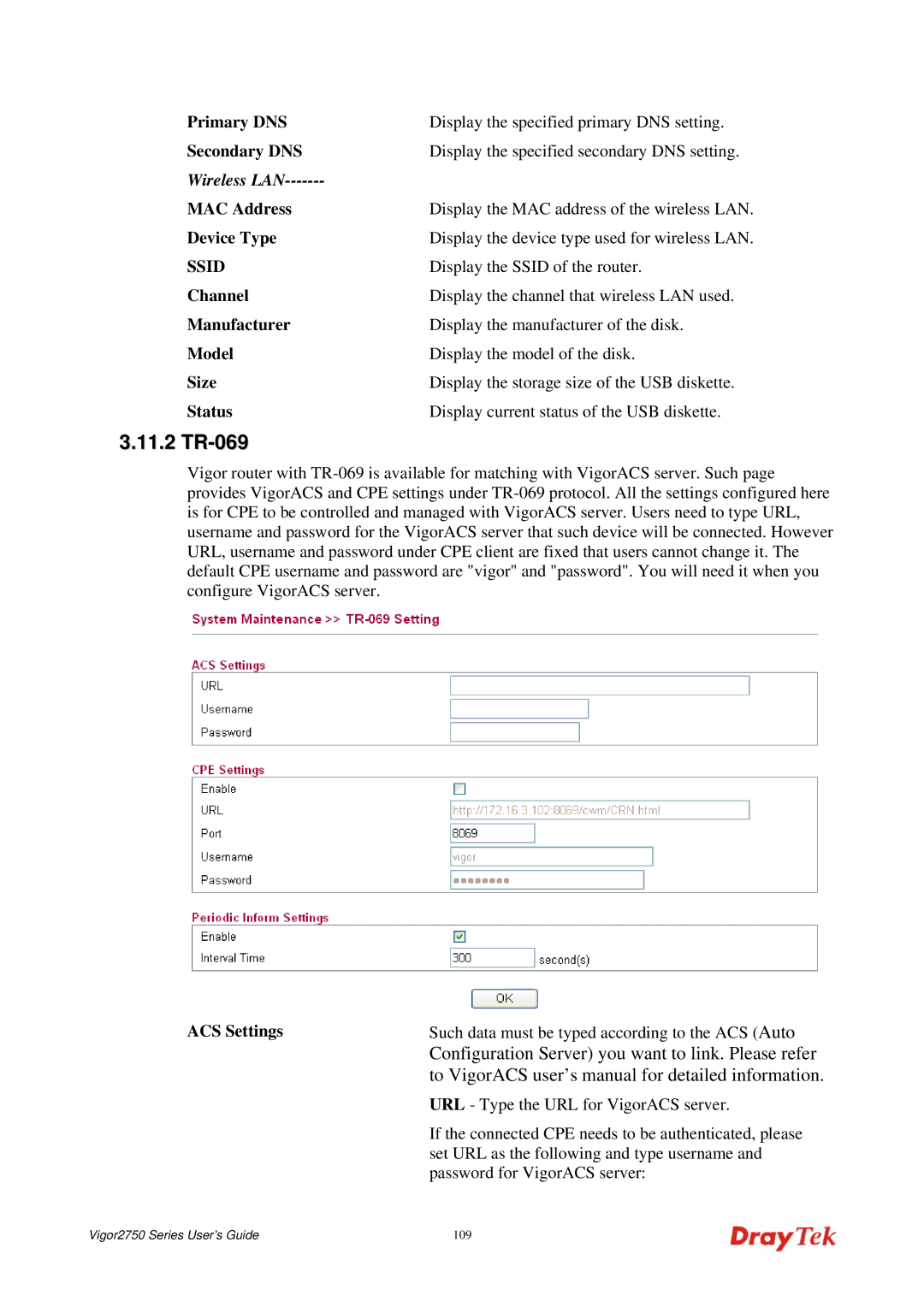 Draytek 2750 manual 11.2 TR-069, Device Type, Display the Ssid of the router, ACS Settings 