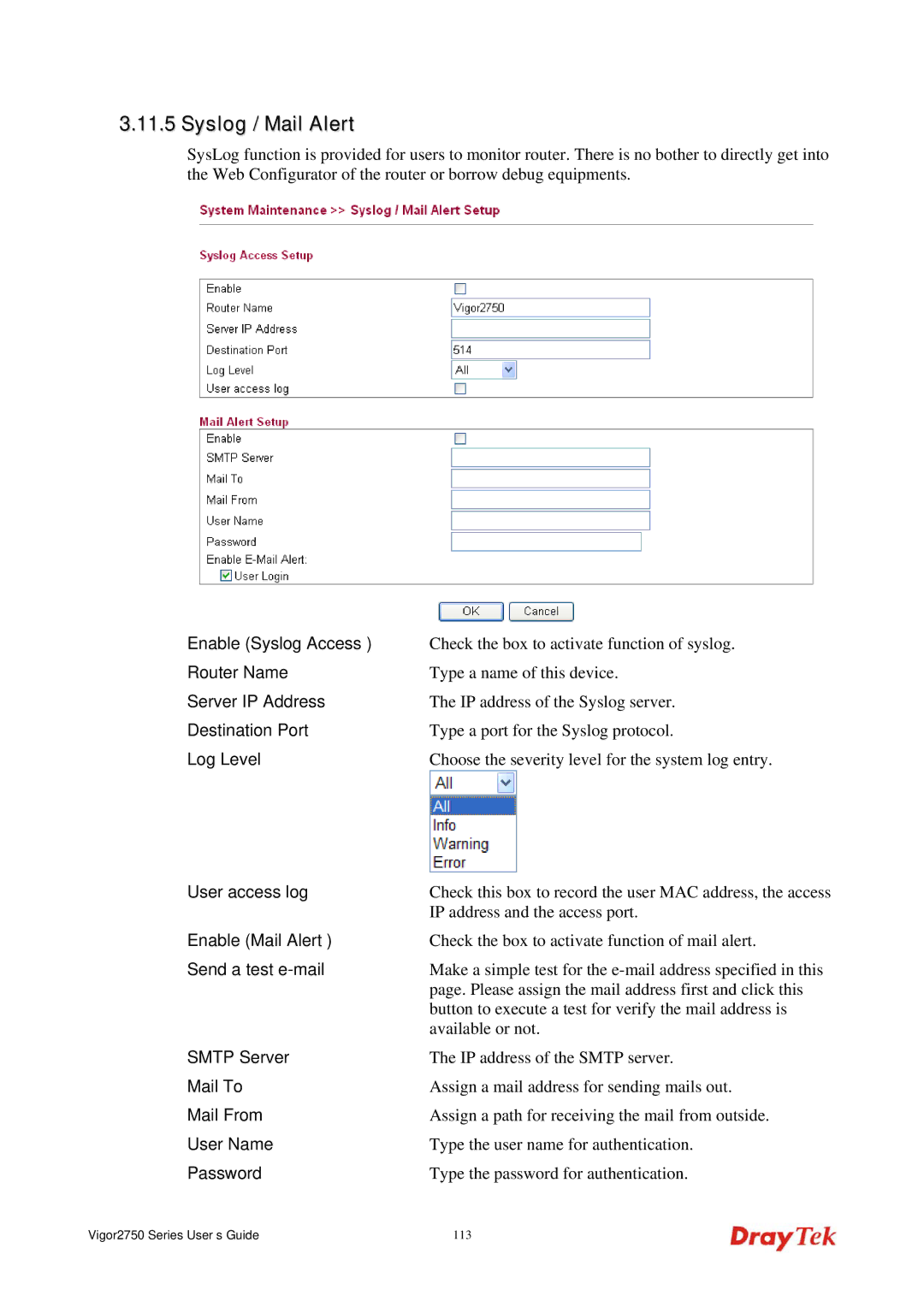 Draytek 2750 manual Syslog / Mail Alert 