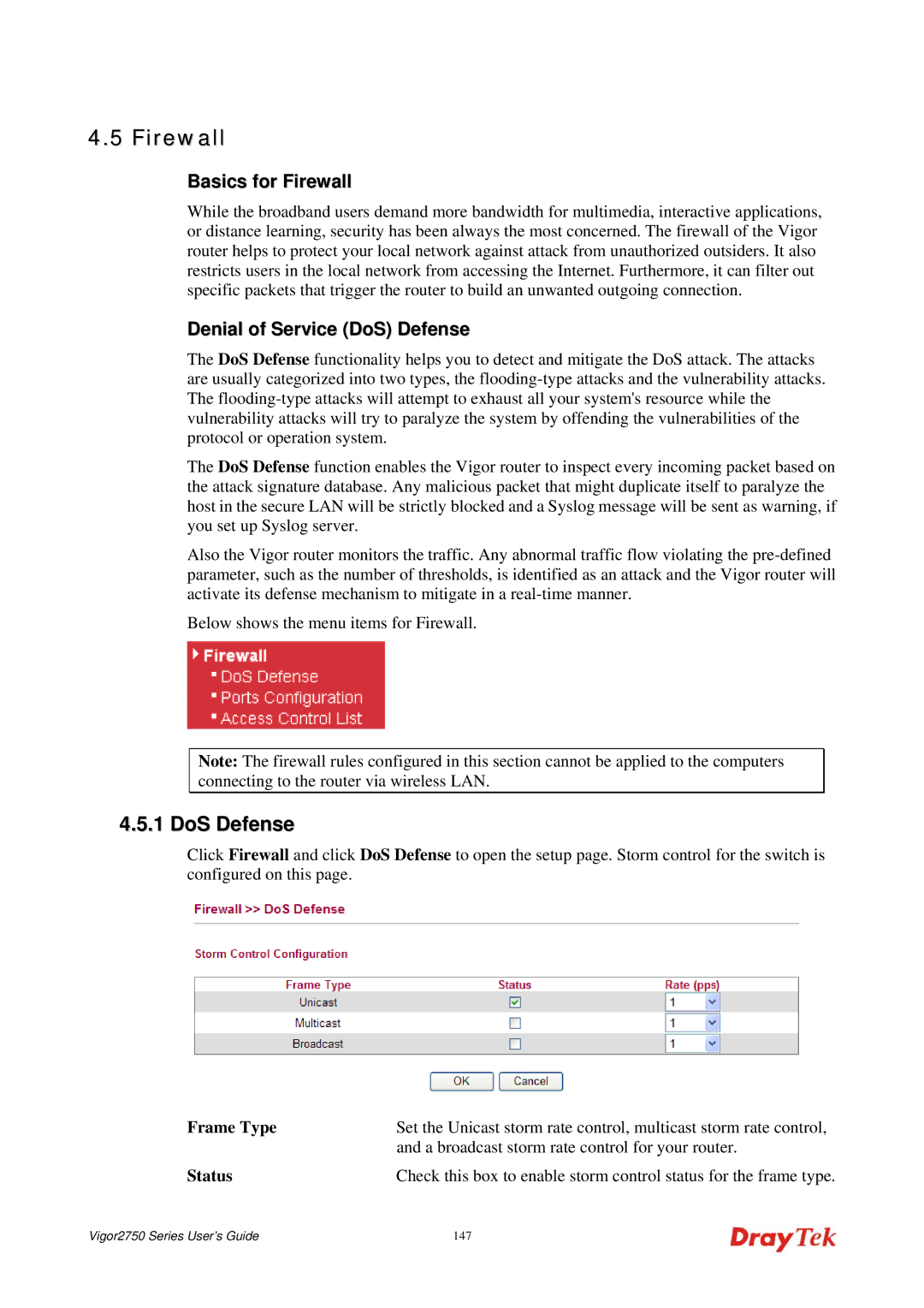 Draytek 2750 manual Basics for Firewall, Denial of Service DoS Defense 