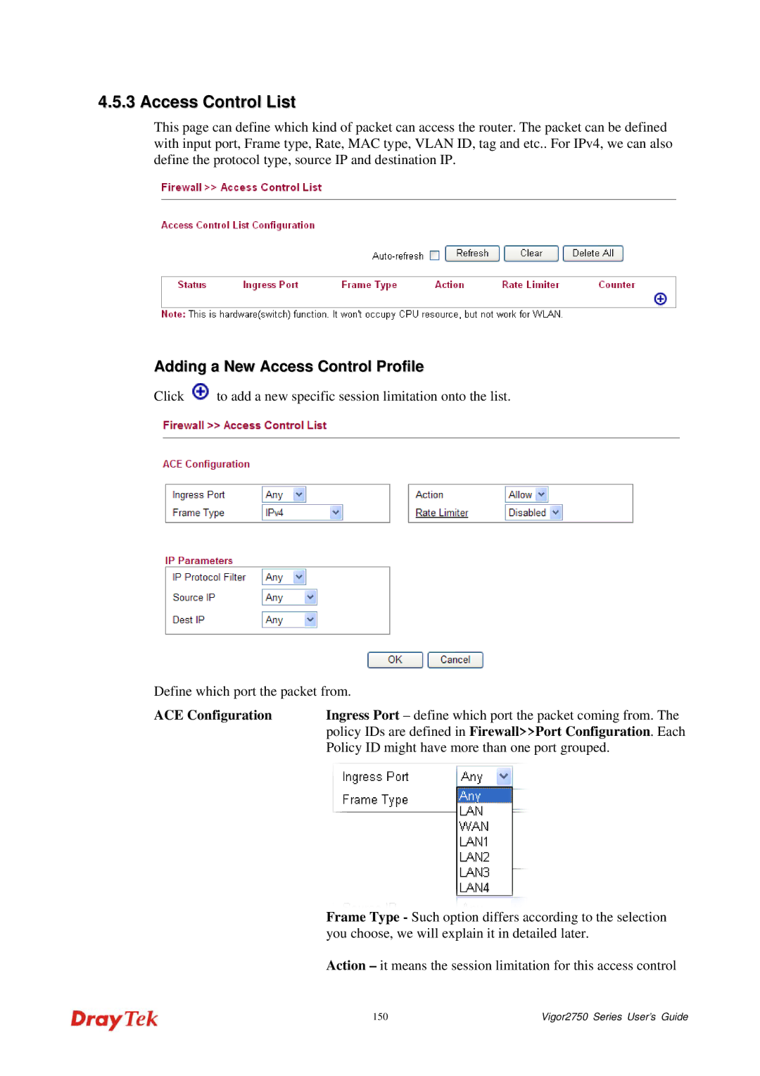 Draytek 2750 manual Access Control List, Adding a New Access Control Profile, ACE Configuration 