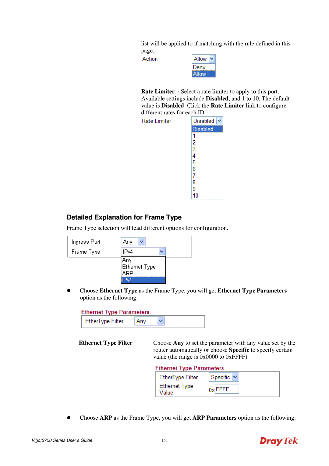 Draytek 2750 manual Detailed Explanation for Frame Type, Ethernet Type Filter 