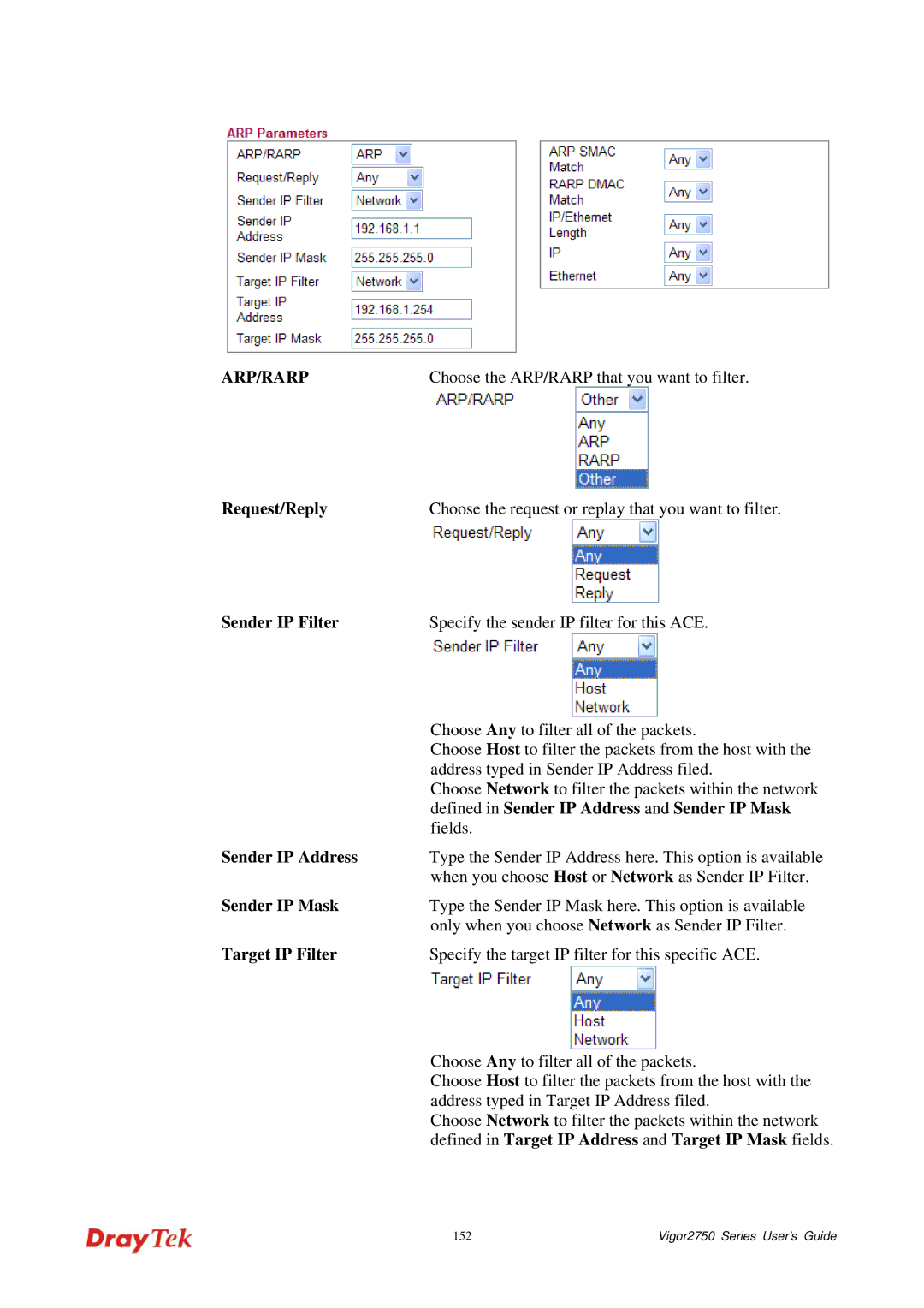 Draytek 2750 manual Request/Reply, Sender IP Filter, Defined in Sender IP Address and Sender IP Mask, Target IP Filter 