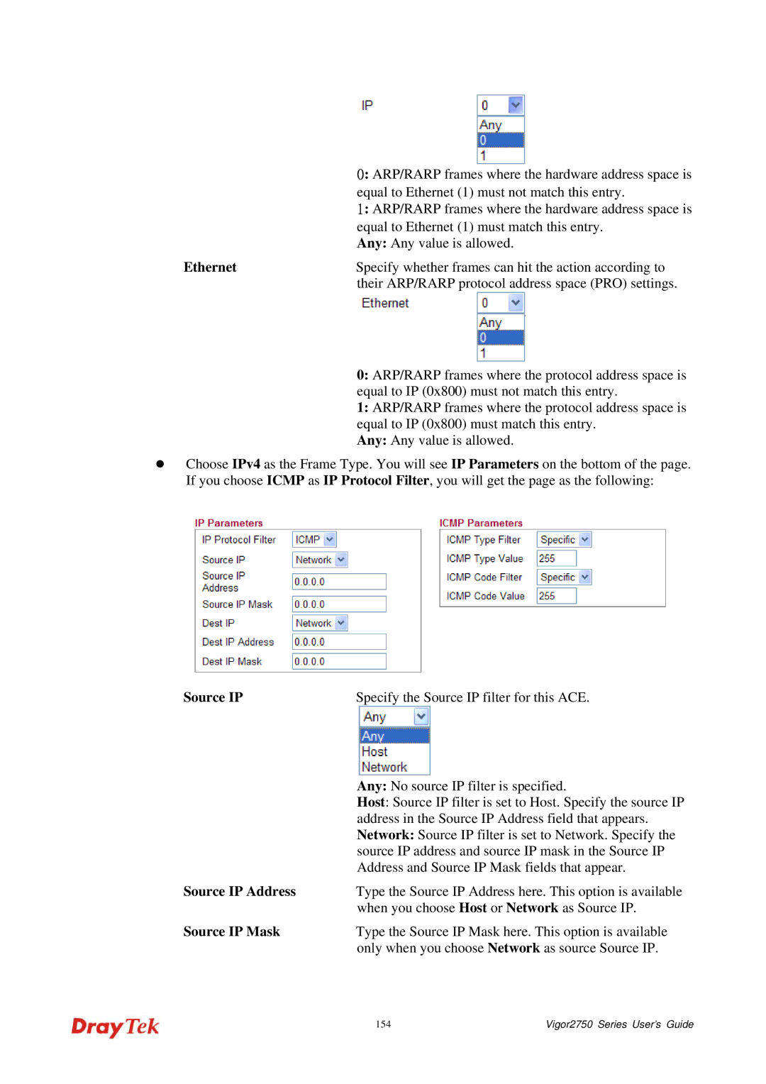 Draytek 2750 manual Ethernet, Source IP Address, Source IP Mask 