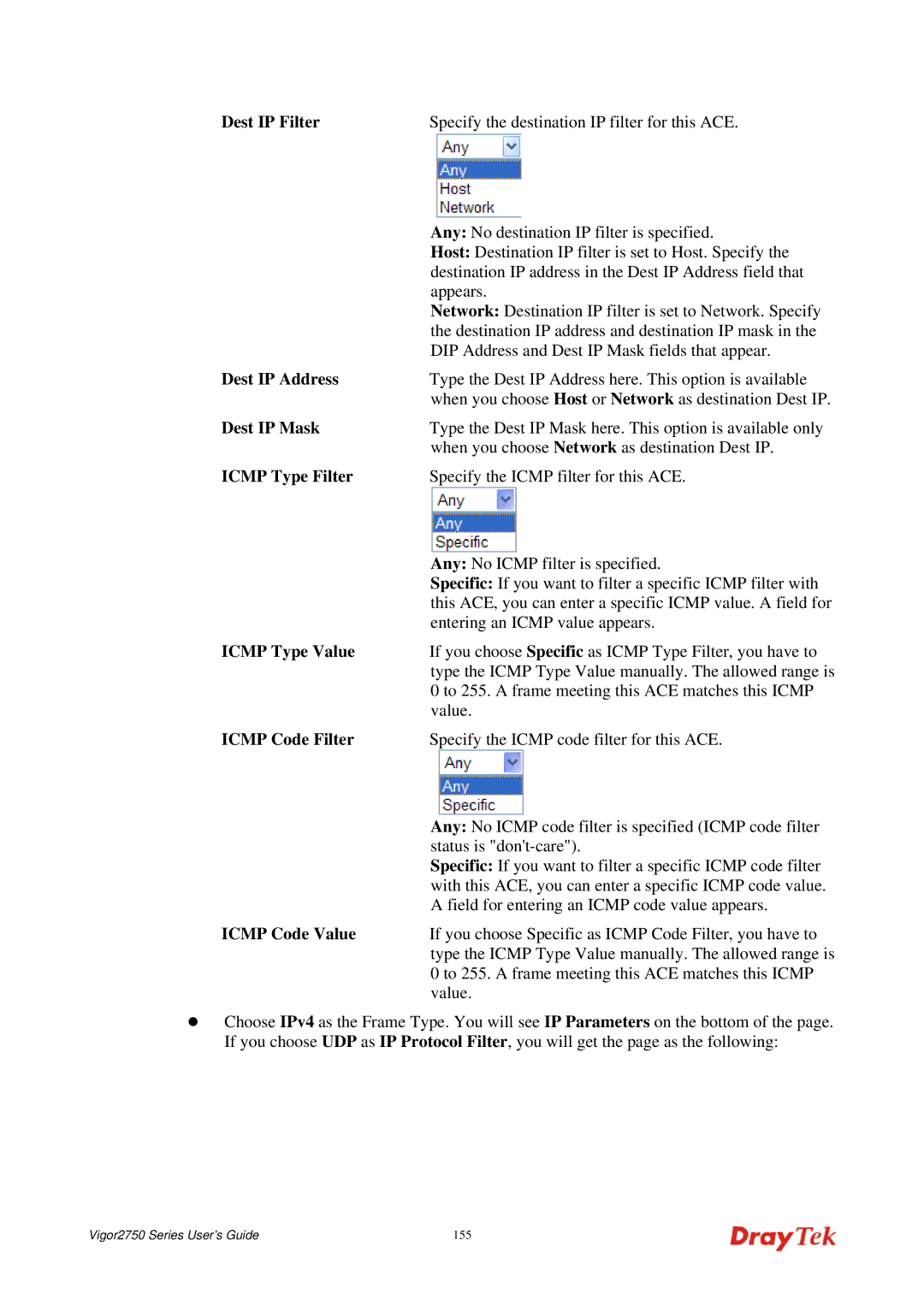 Draytek 2750 manual Dest IP Address, Dest IP Mask, Icmp Type Filter, Icmp Type Value, Icmp Code Filter, Icmp Code Value 