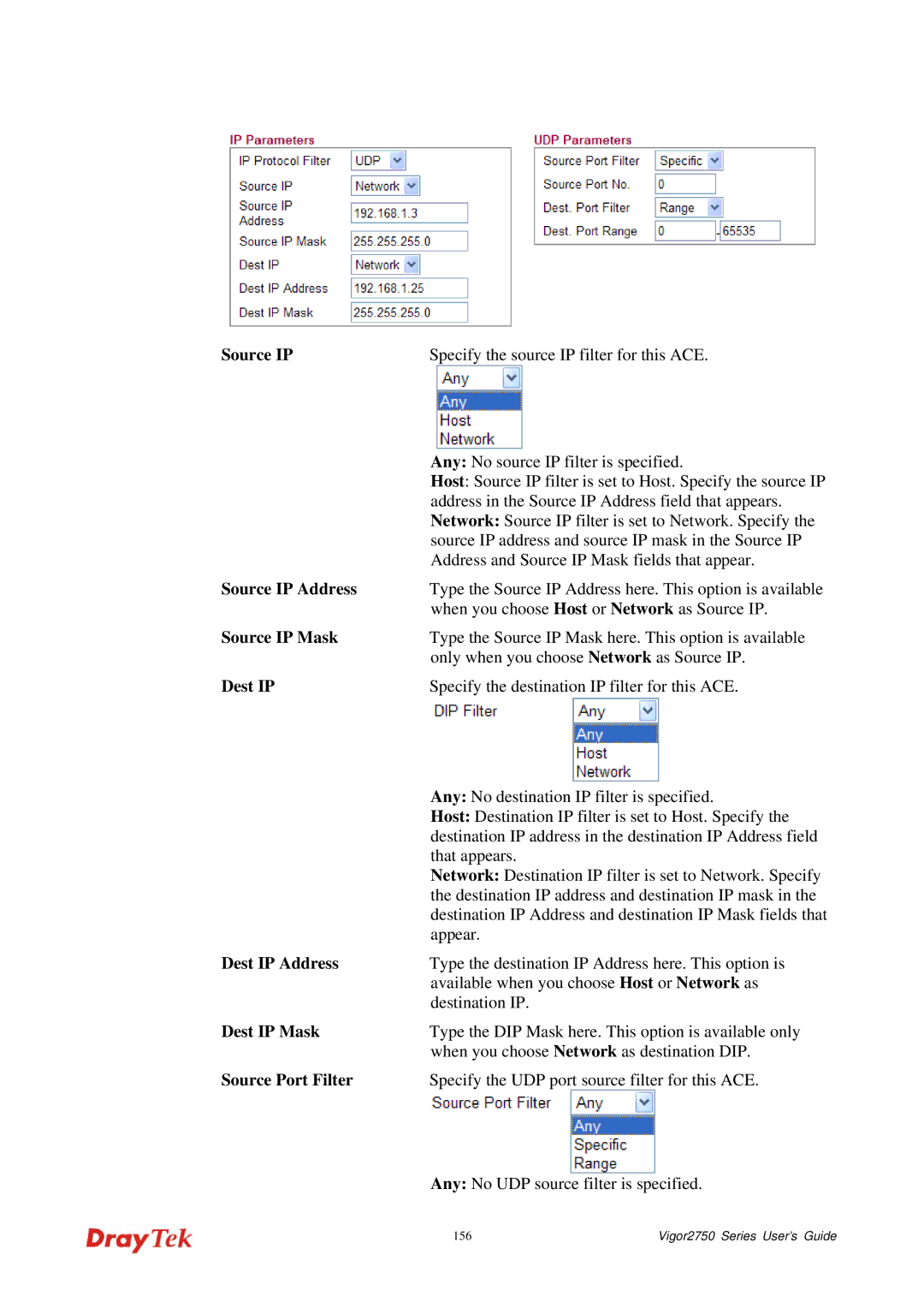 Draytek 2750 manual Dest IP, Source Port Filter 