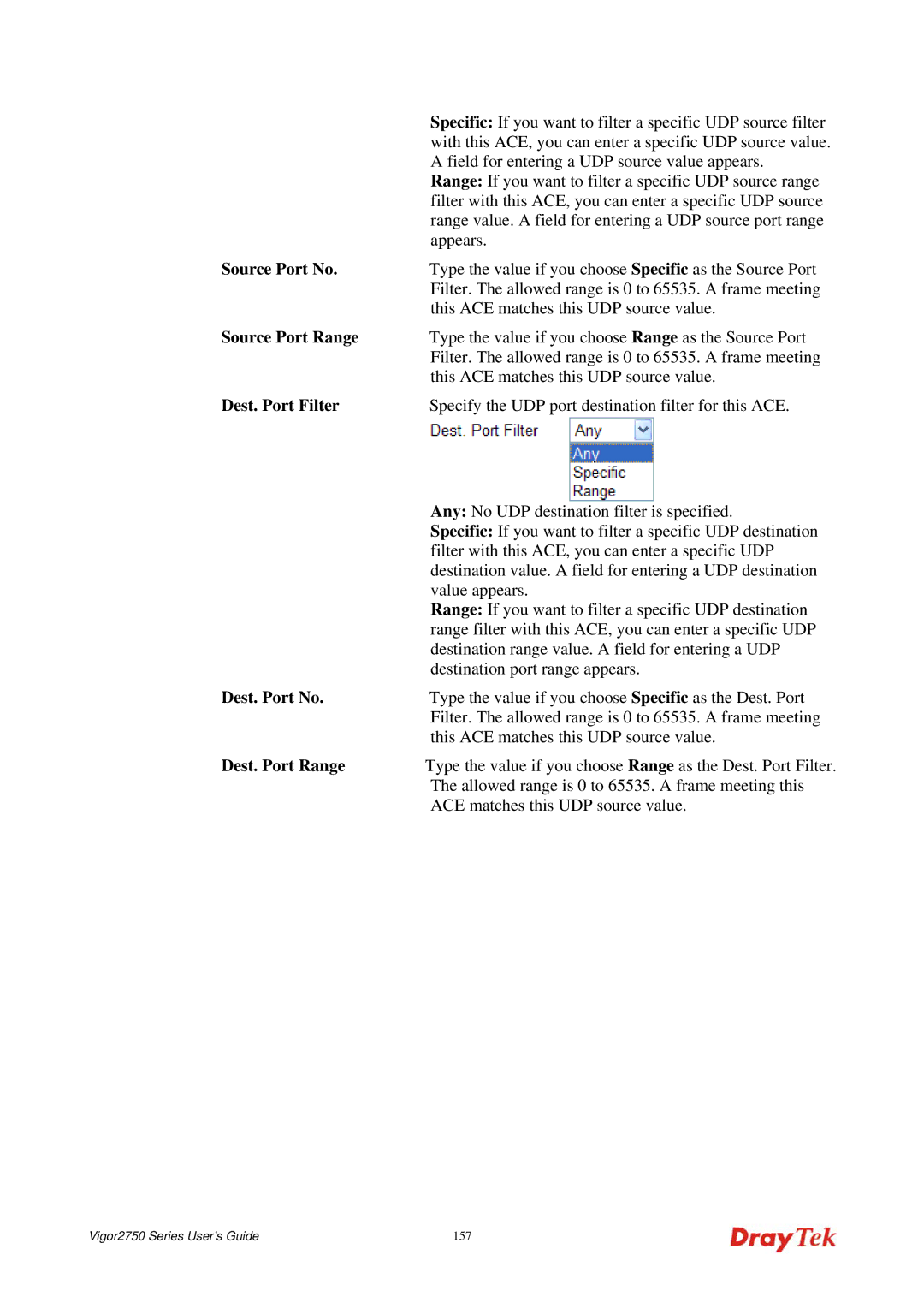 Draytek 2750 manual Source Port No, Source Port Range, Dest. Port Filter 