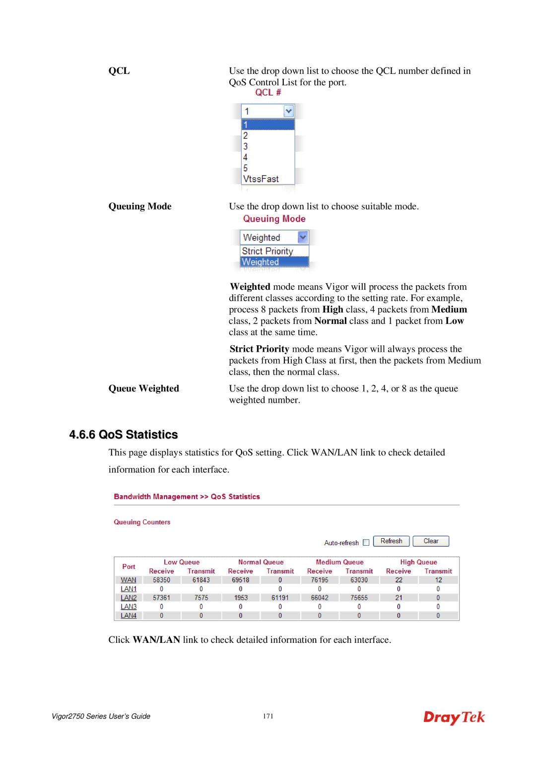 Draytek 2750 manual Queuing Mode Use the drop down list to choose suitable mode, Queue Weighted 