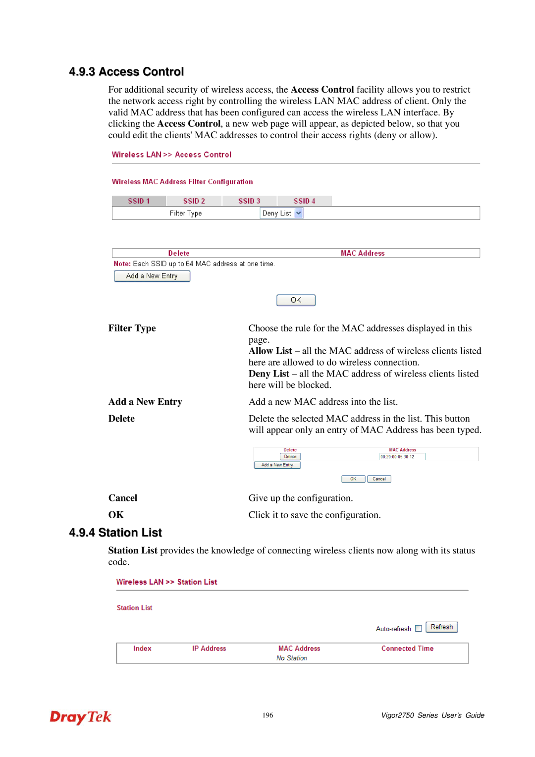 Draytek 2750 manual Allow List all the MAC address of wireless clients listed 