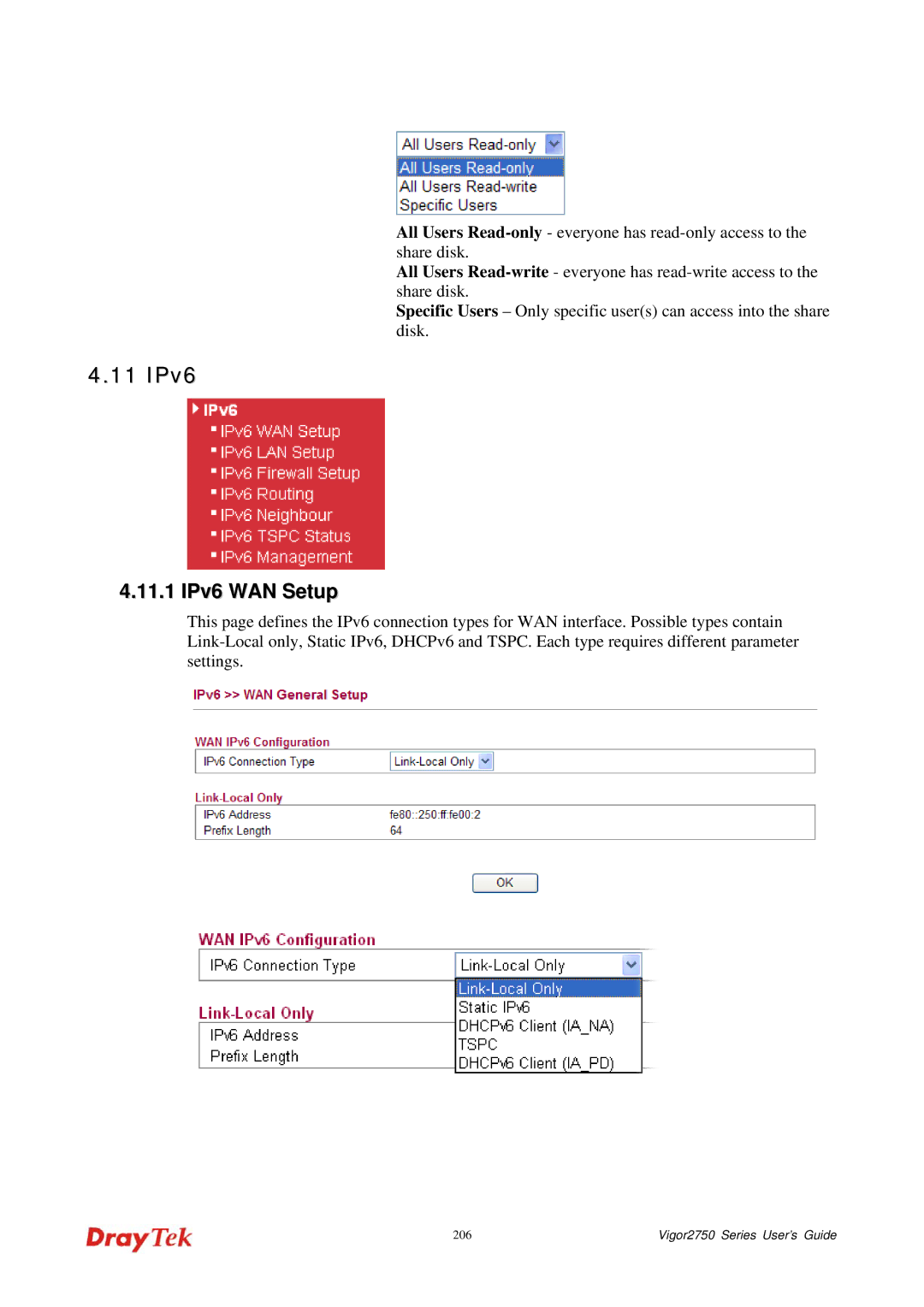 Draytek 2750 manual 11 IPv6, 11.1 IPv6 WAN Setup 