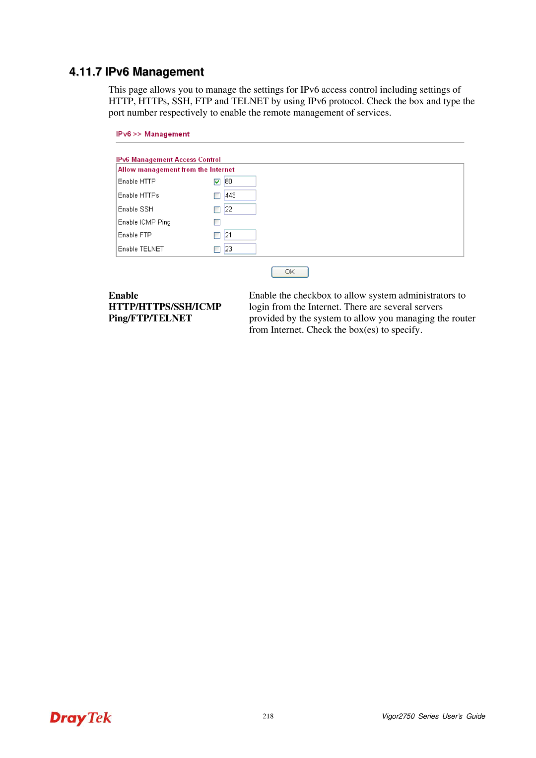 Draytek 2750 manual 11.7 IPv6 Management, Enable 