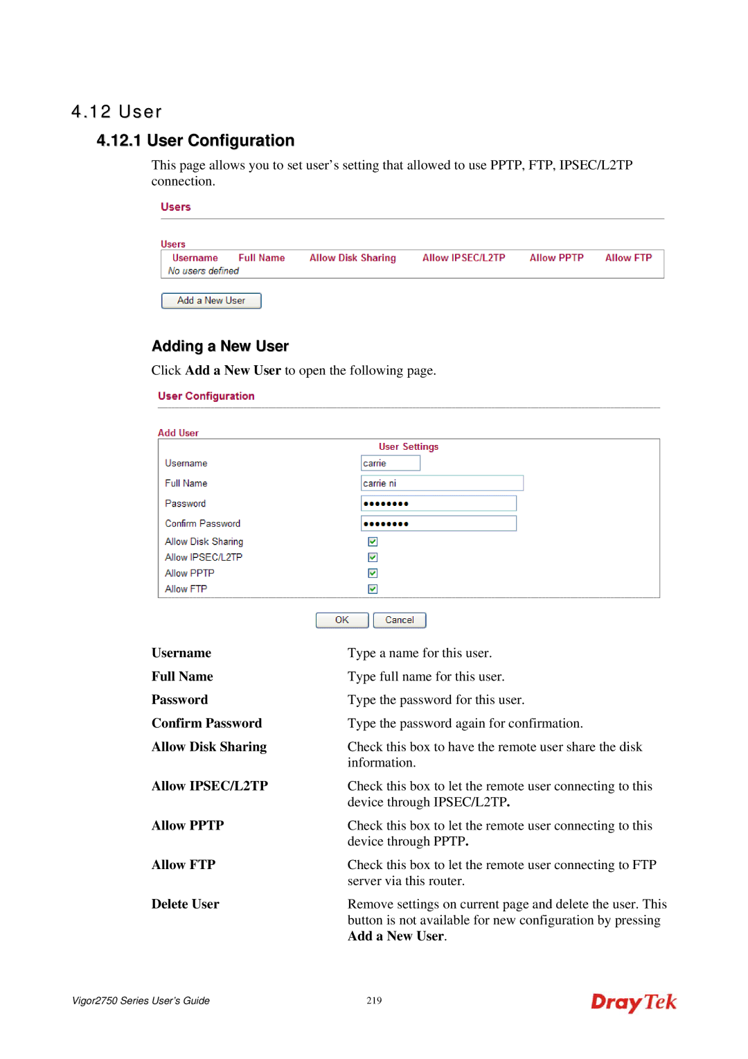 Draytek 2750 manual Allow Pptp, Delete User, Add a New User 