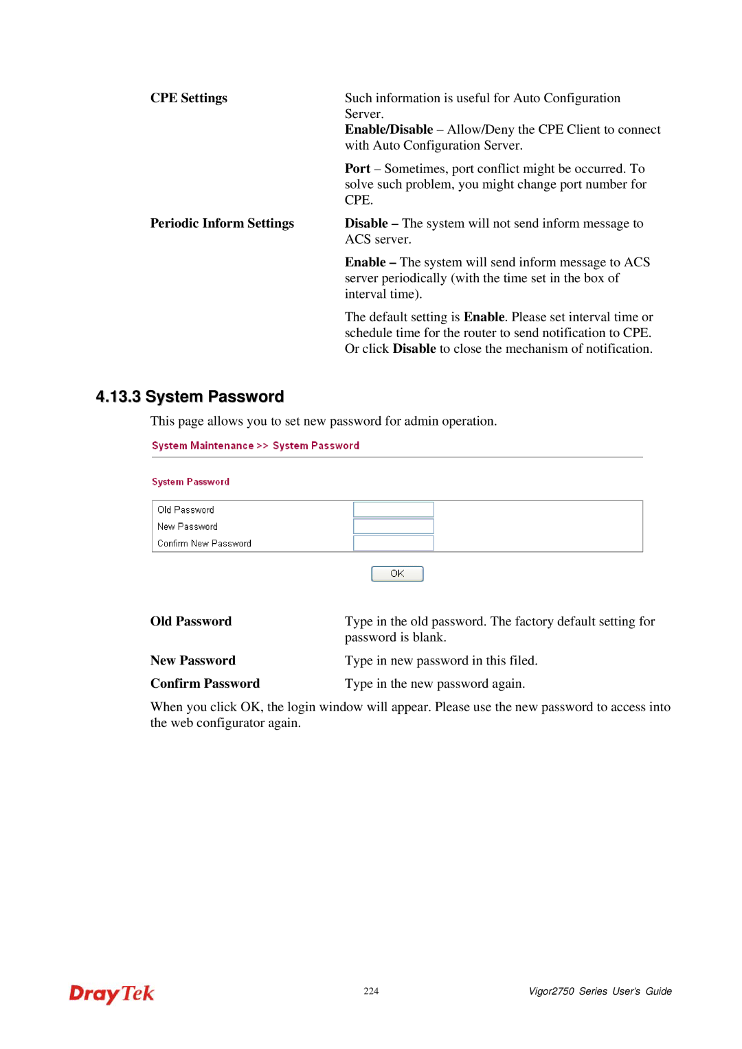 Draytek 2750 manual System Password, CPE Settings 