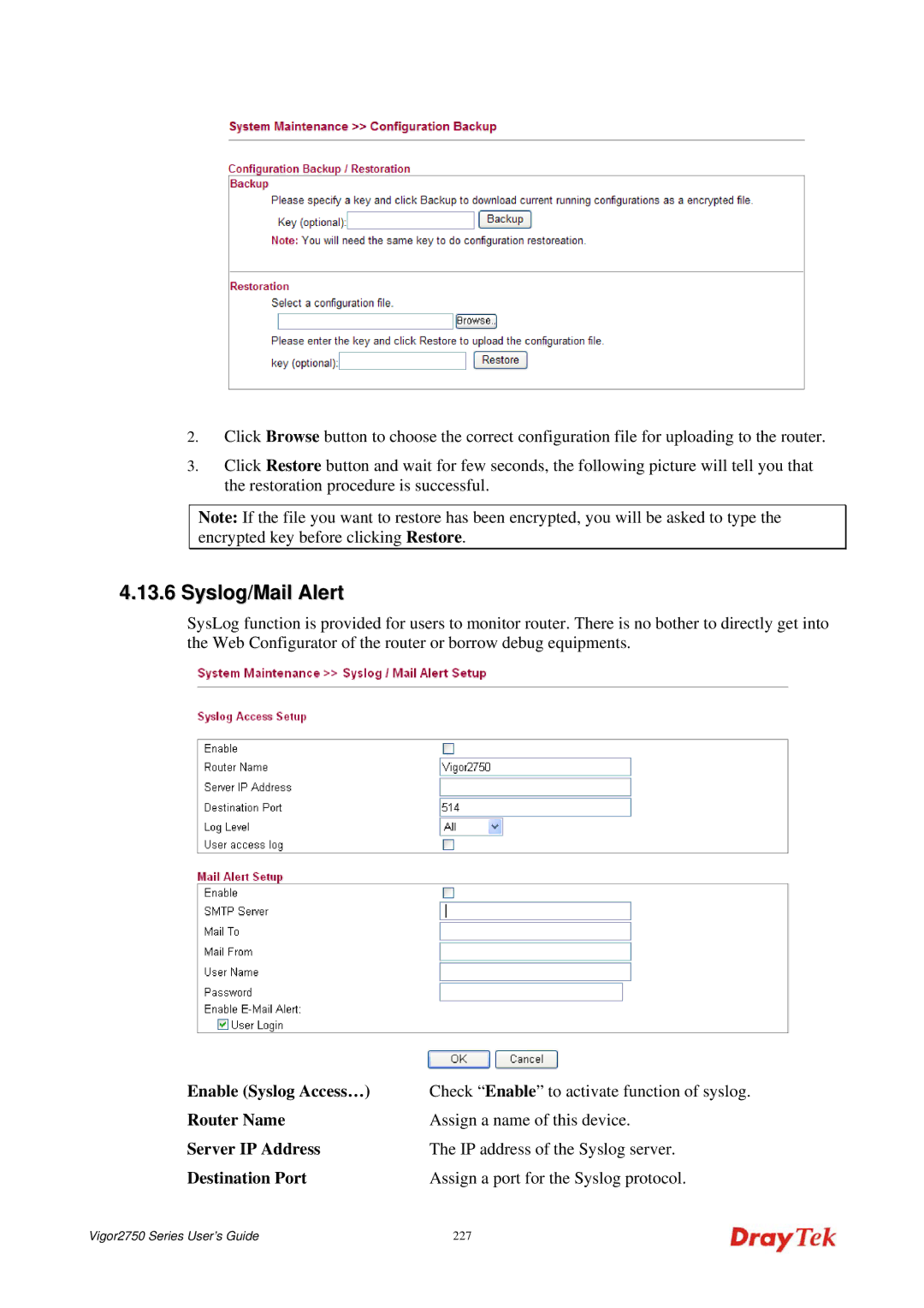 Draytek 2750 manual Syslog/Mail Alert 